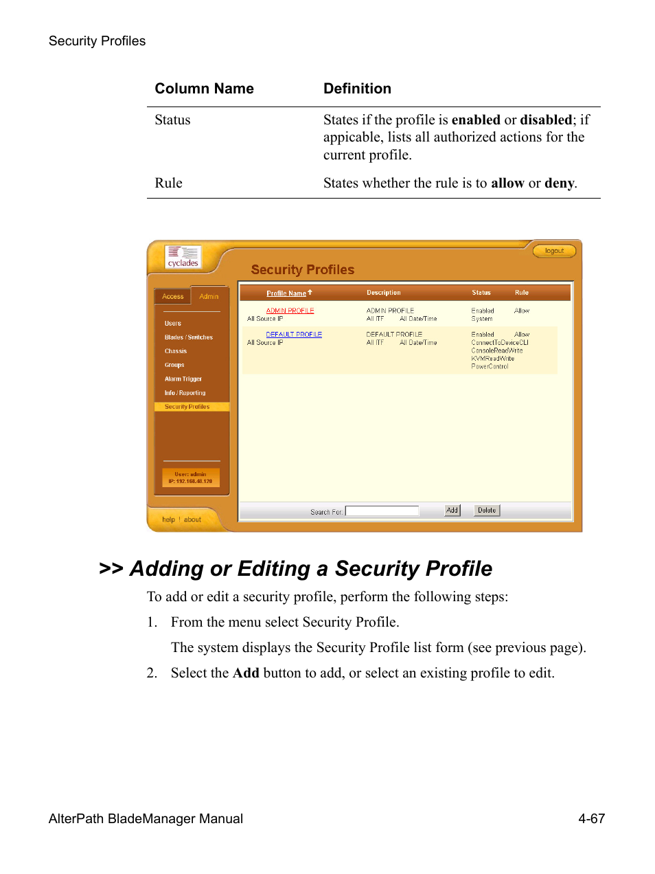 Adding or editing a security profile | Cyclades AlterPath BladeManager User Manual | Page 149 / 202