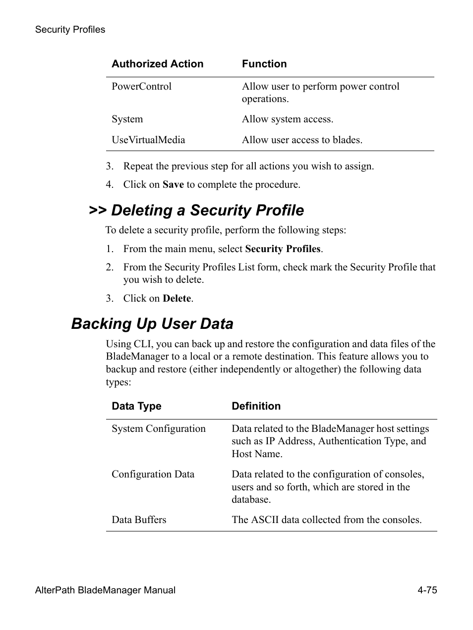 Deleting a security profile, Backing up user data | Cyclades AlterPath BladeManager User Manual | Page 157 / 202