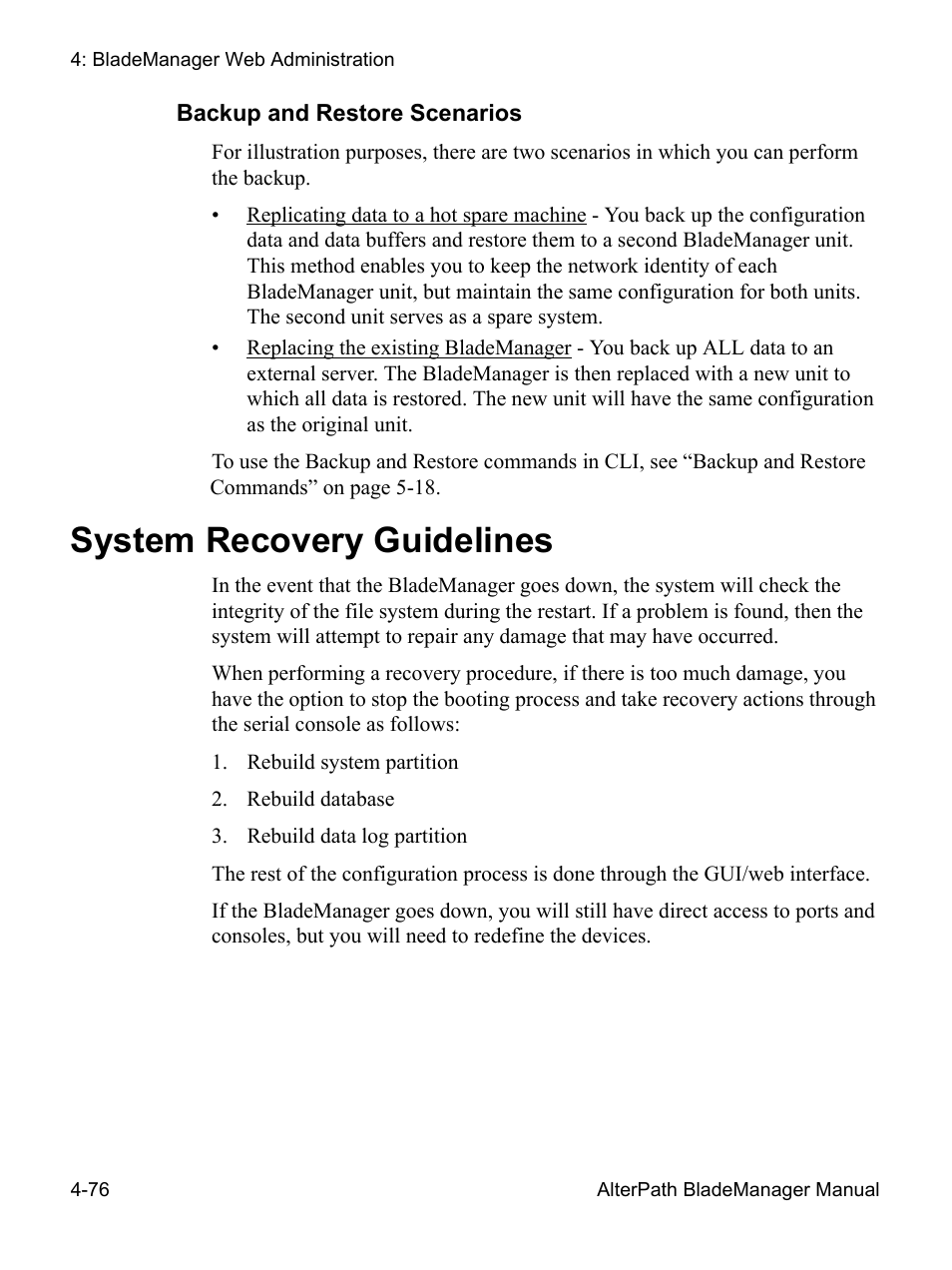 Backup and restore scenarios, System recovery guidelines | Cyclades AlterPath BladeManager User Manual | Page 158 / 202