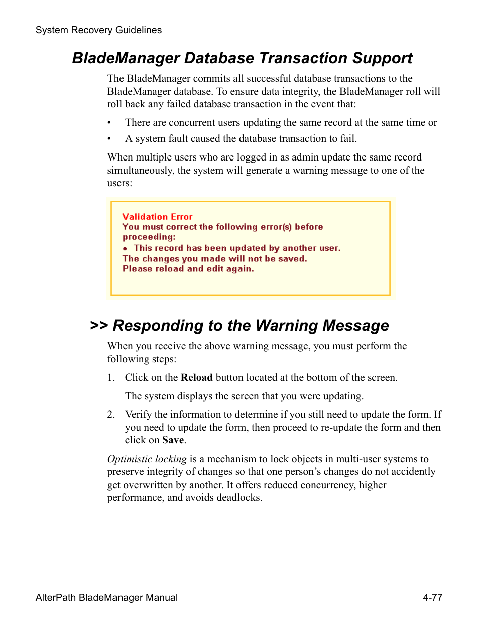 Blademanager database transaction support, Responding to the warning message | Cyclades AlterPath BladeManager User Manual | Page 159 / 202