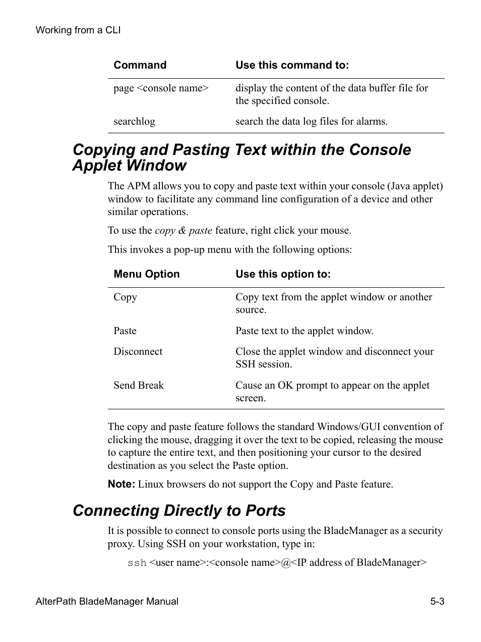 Copying and pasting text within the, Connecting directly to ports | Cyclades AlterPath BladeManager User Manual | Page 165 / 202