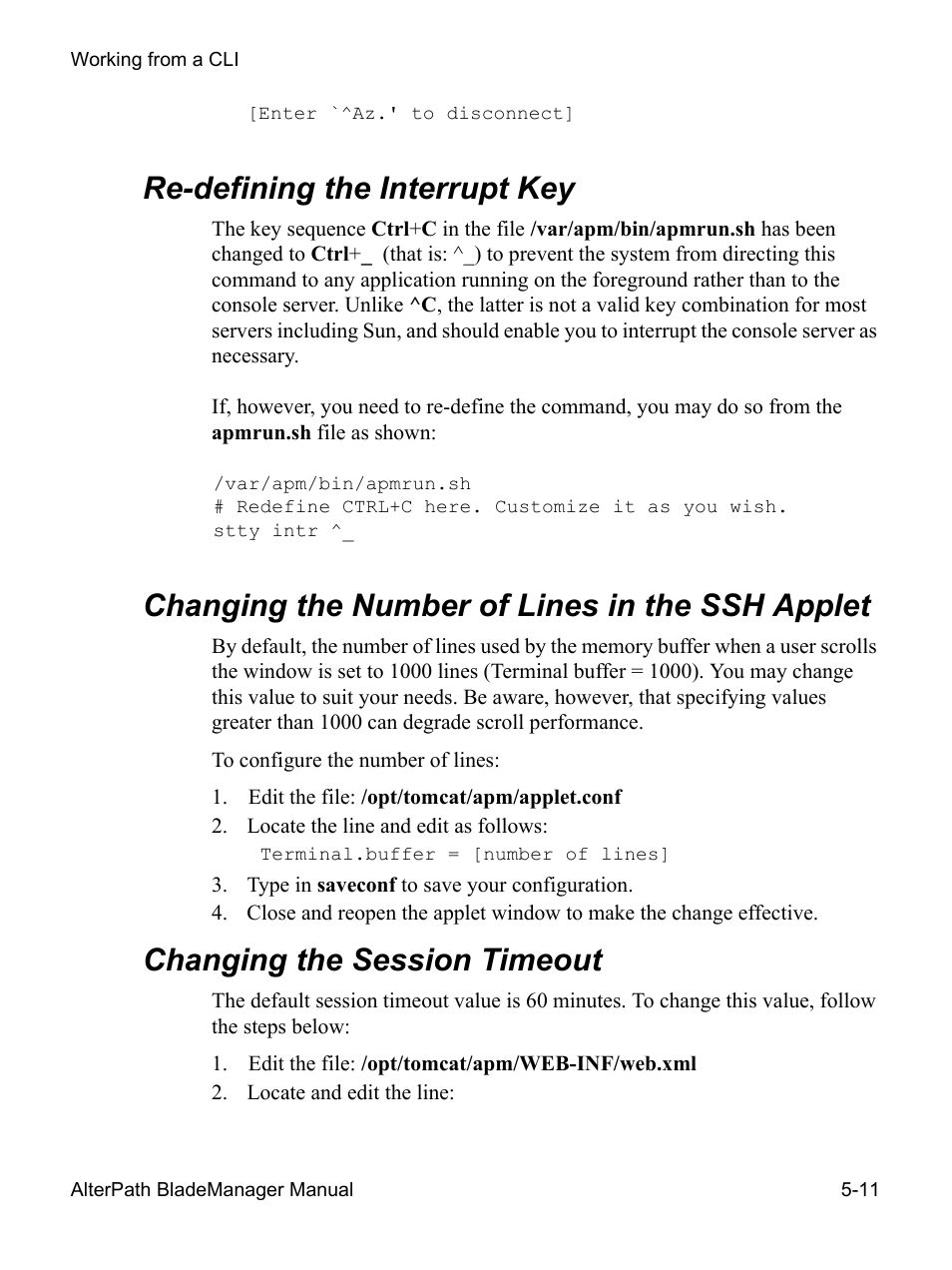 Re-defining the interrupt key, Changing the number of lines in, Changing the session timeout | Changing the number of lines in the ssh applet | Cyclades AlterPath BladeManager User Manual | Page 173 / 202