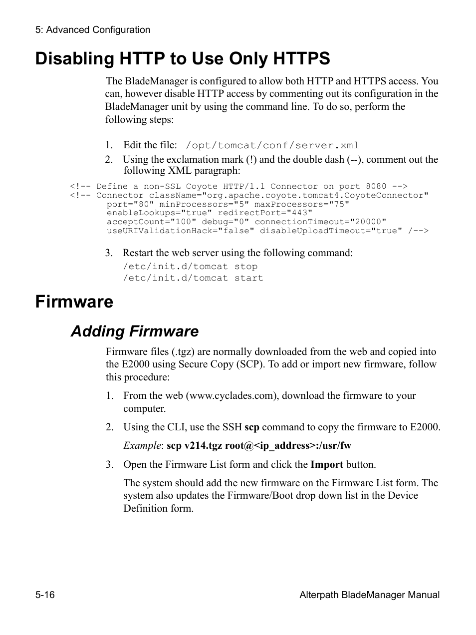 Disabling http to use only https, Firmware 5-16, Firmware | Adding firmware | Cyclades AlterPath BladeManager User Manual | Page 178 / 202