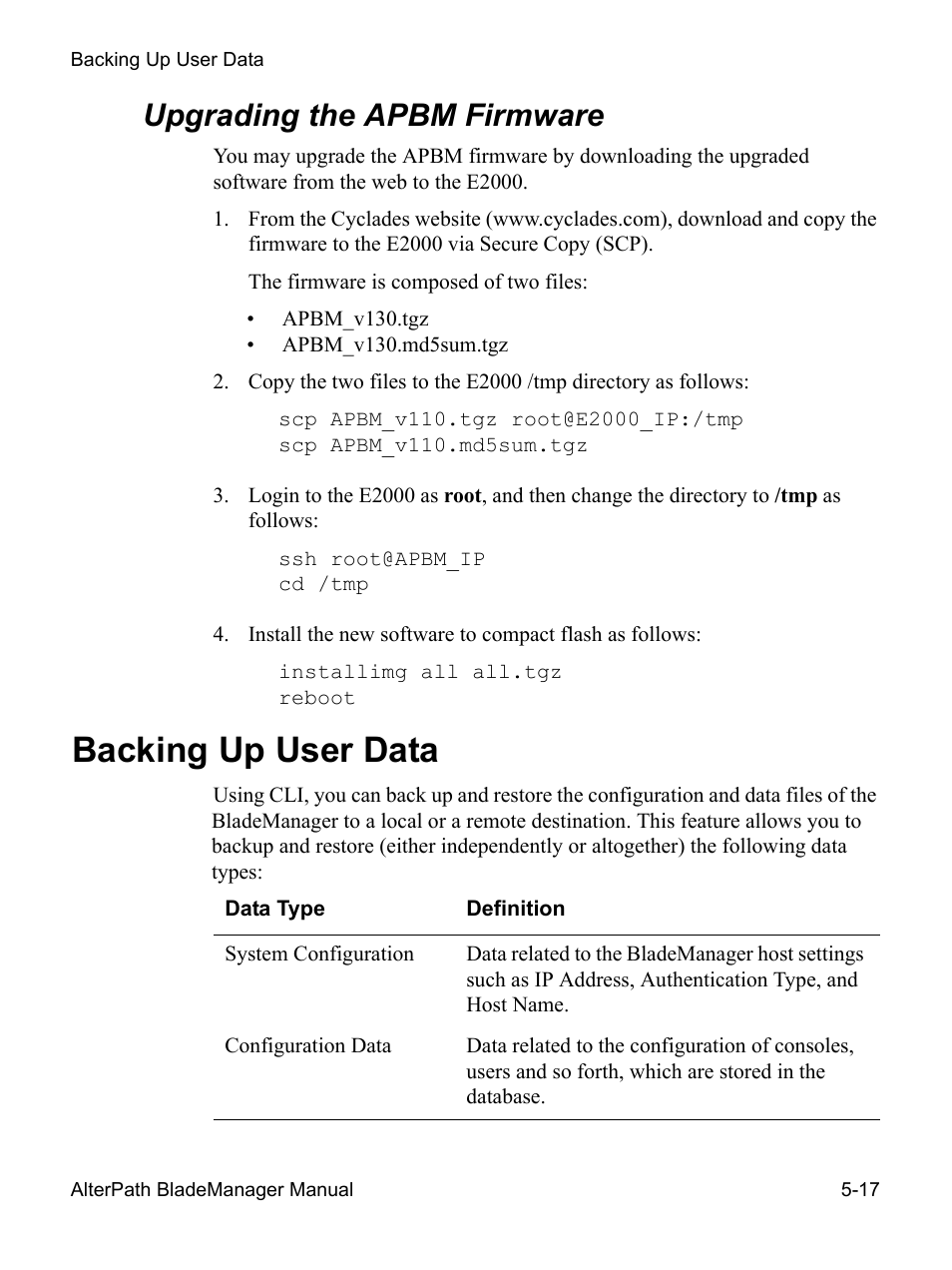 Upgrading the apbm firmware, Backing up user data | Cyclades AlterPath BladeManager User Manual | Page 179 / 202
