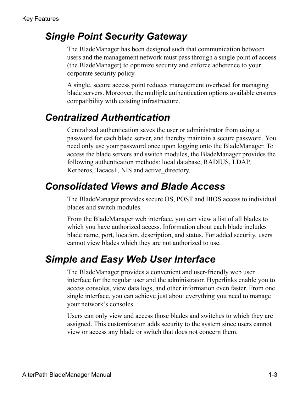 Single point security gateway, Centralized authentication 1-3, Centralized authentication | Consolidated views and blade access, Simple and easy web user interface | Cyclades AlterPath BladeManager User Manual | Page 19 / 202
