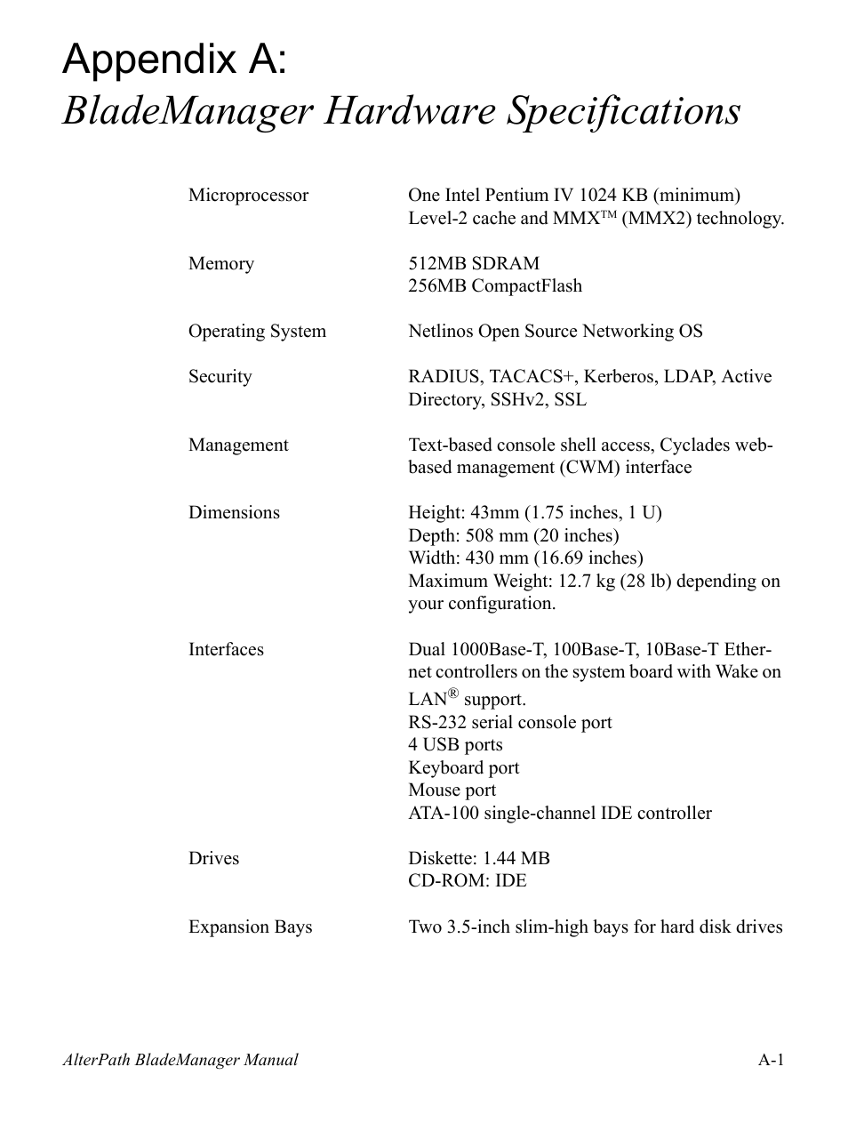 Appendix a: blademanager hardware specifications | Cyclades AlterPath BladeManager User Manual | Page 199 / 202