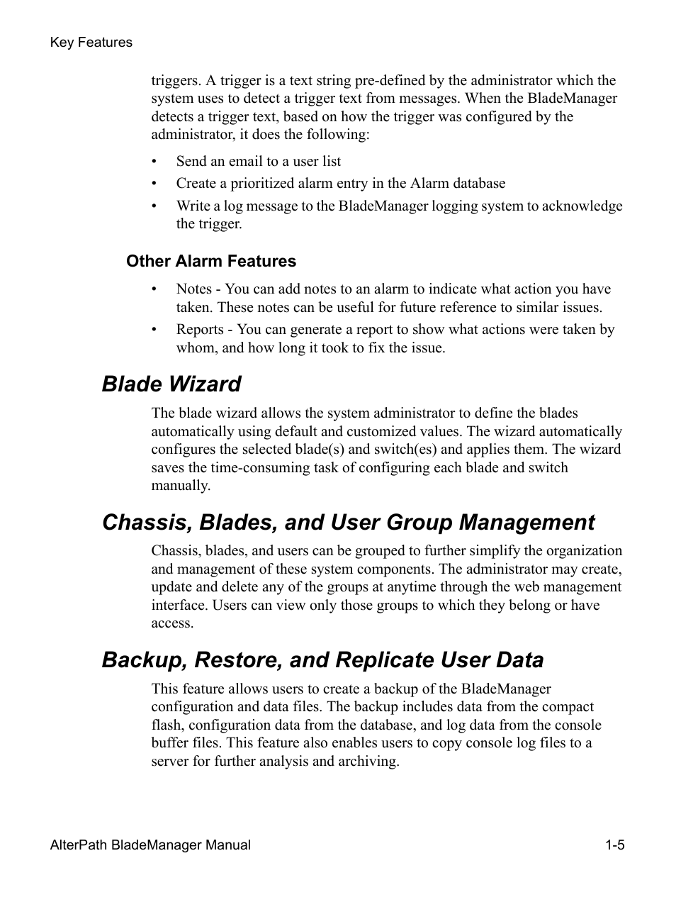 Blade wizard, Chassis, blades, and user group management, Backup, restore, and replicate user data | Cyclades AlterPath BladeManager User Manual | Page 21 / 202