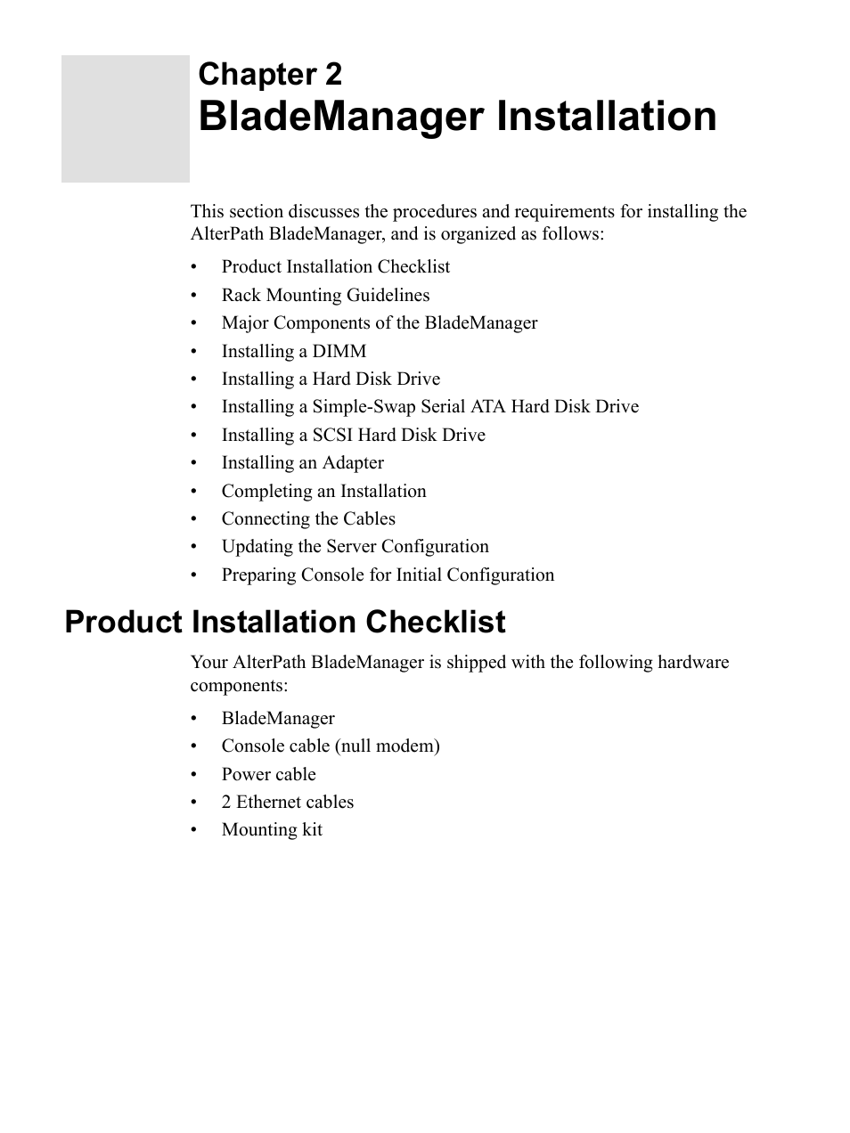 Blademanager installation, Product installation checklist, Chapter 2 | Cyclades AlterPath BladeManager User Manual | Page 25 / 202
