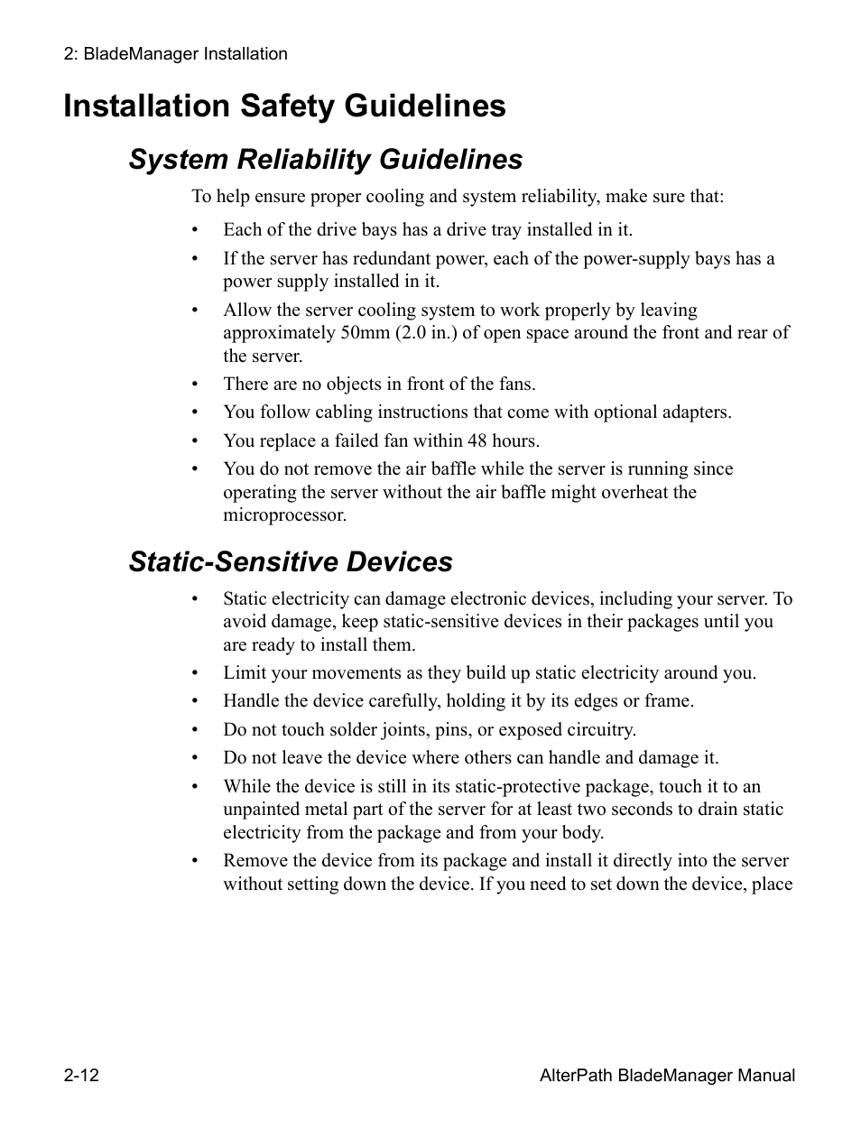 Installation safety guidelines, System reliability guidelines, Static-sensitive devices | Cyclades AlterPath BladeManager User Manual | Page 36 / 202
