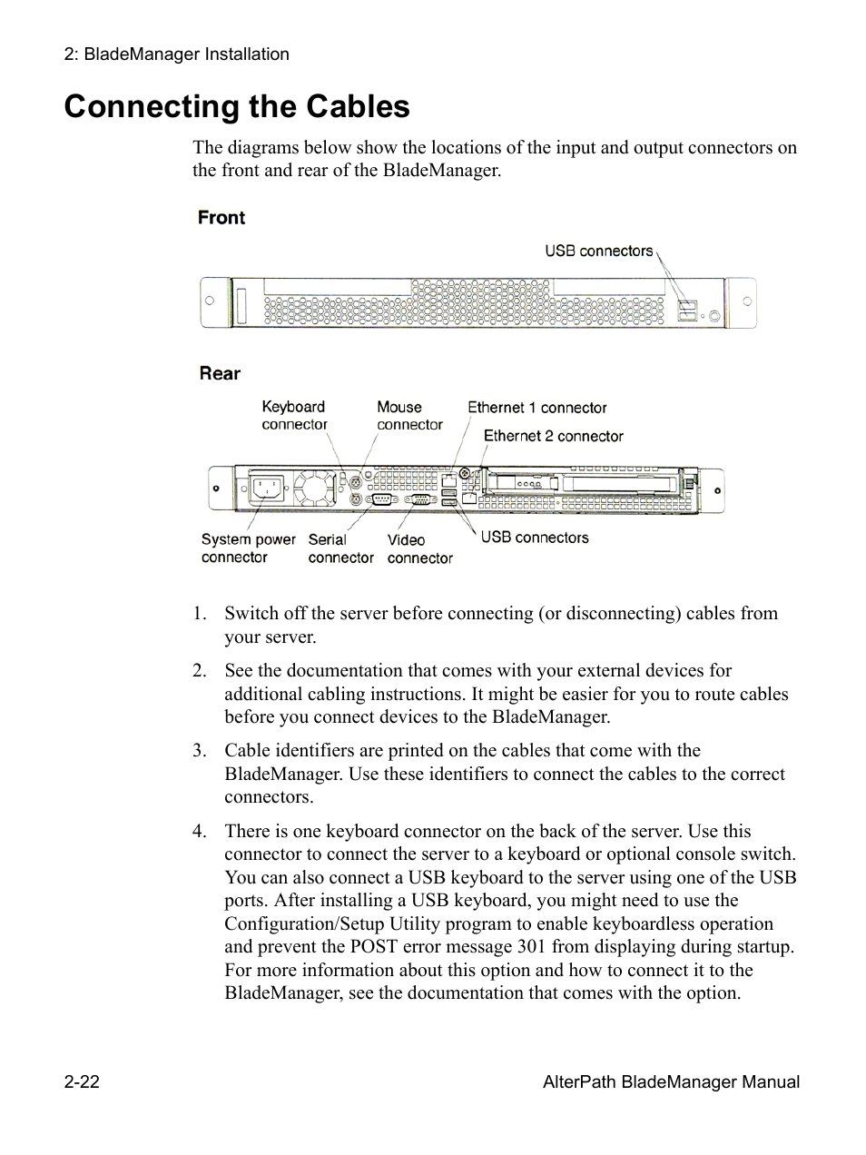 Connecting the cables | Cyclades AlterPath BladeManager User Manual | Page 46 / 202