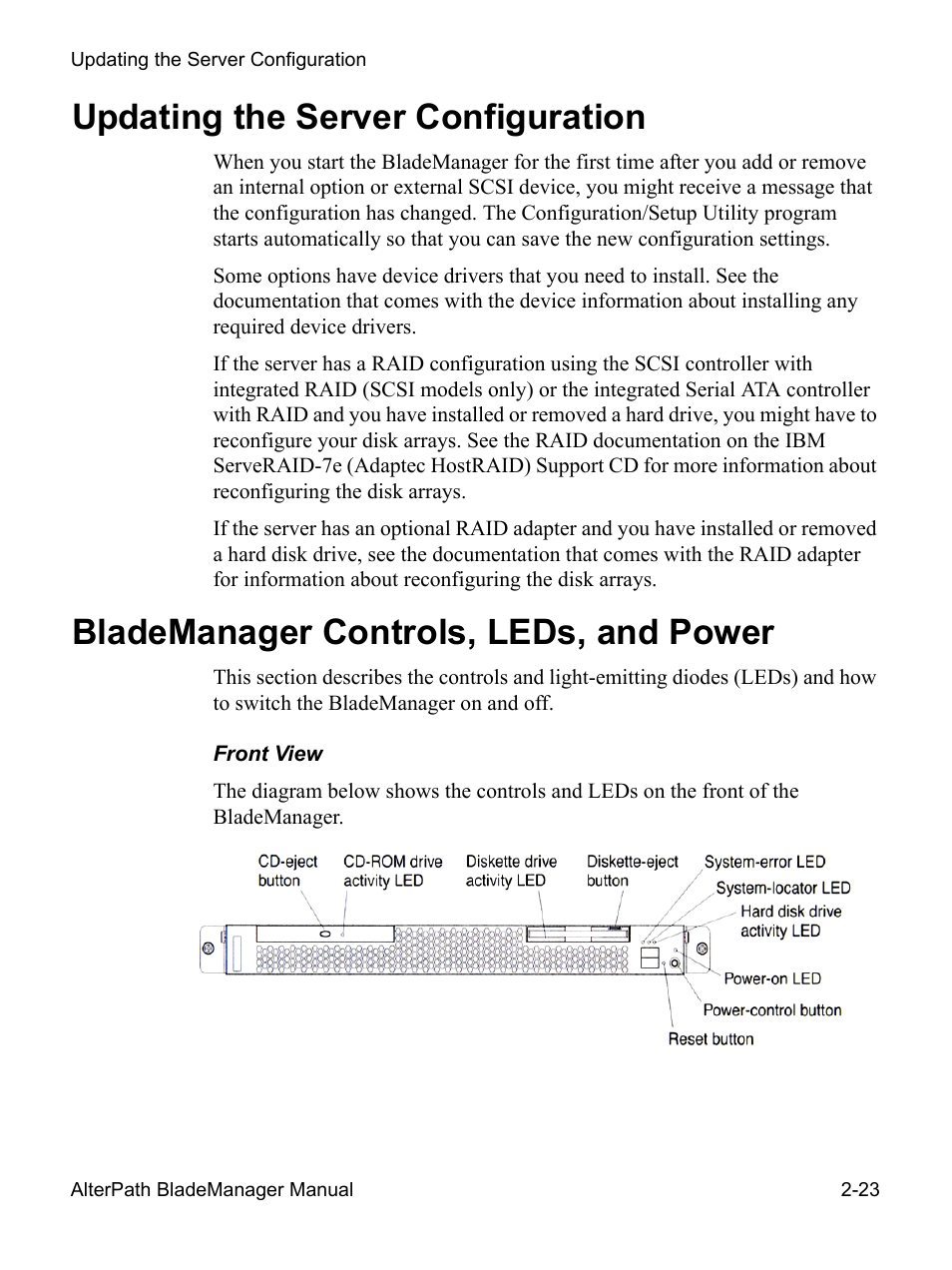 Updating the server configuration, Blademanager controls, leds, and power | Cyclades AlterPath BladeManager User Manual | Page 47 / 202