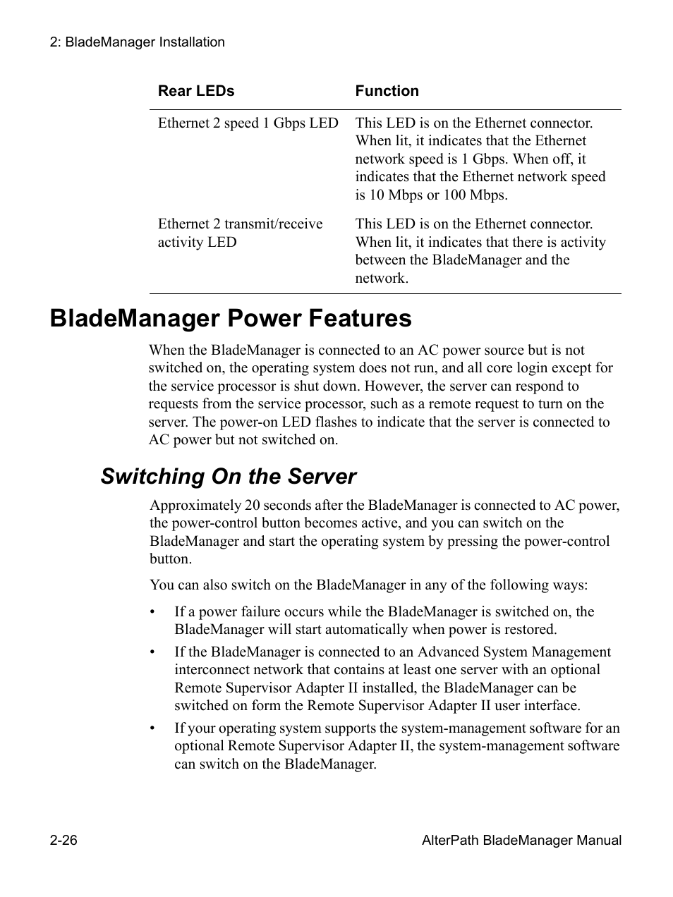 Blademanager power features, Switching on the server | Cyclades AlterPath BladeManager User Manual | Page 50 / 202