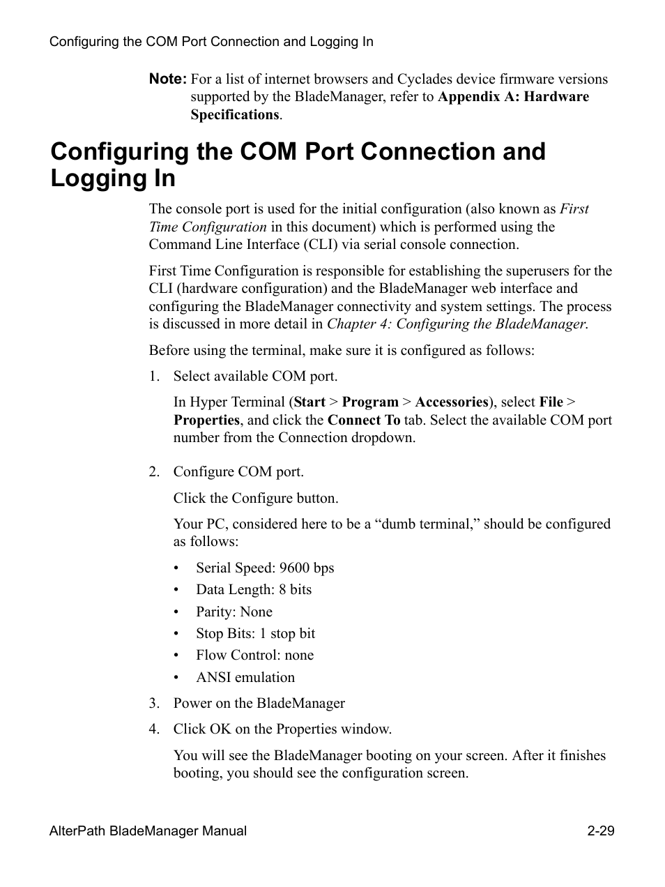 Configuring the com port connection and logging in | Cyclades AlterPath BladeManager User Manual | Page 53 / 202