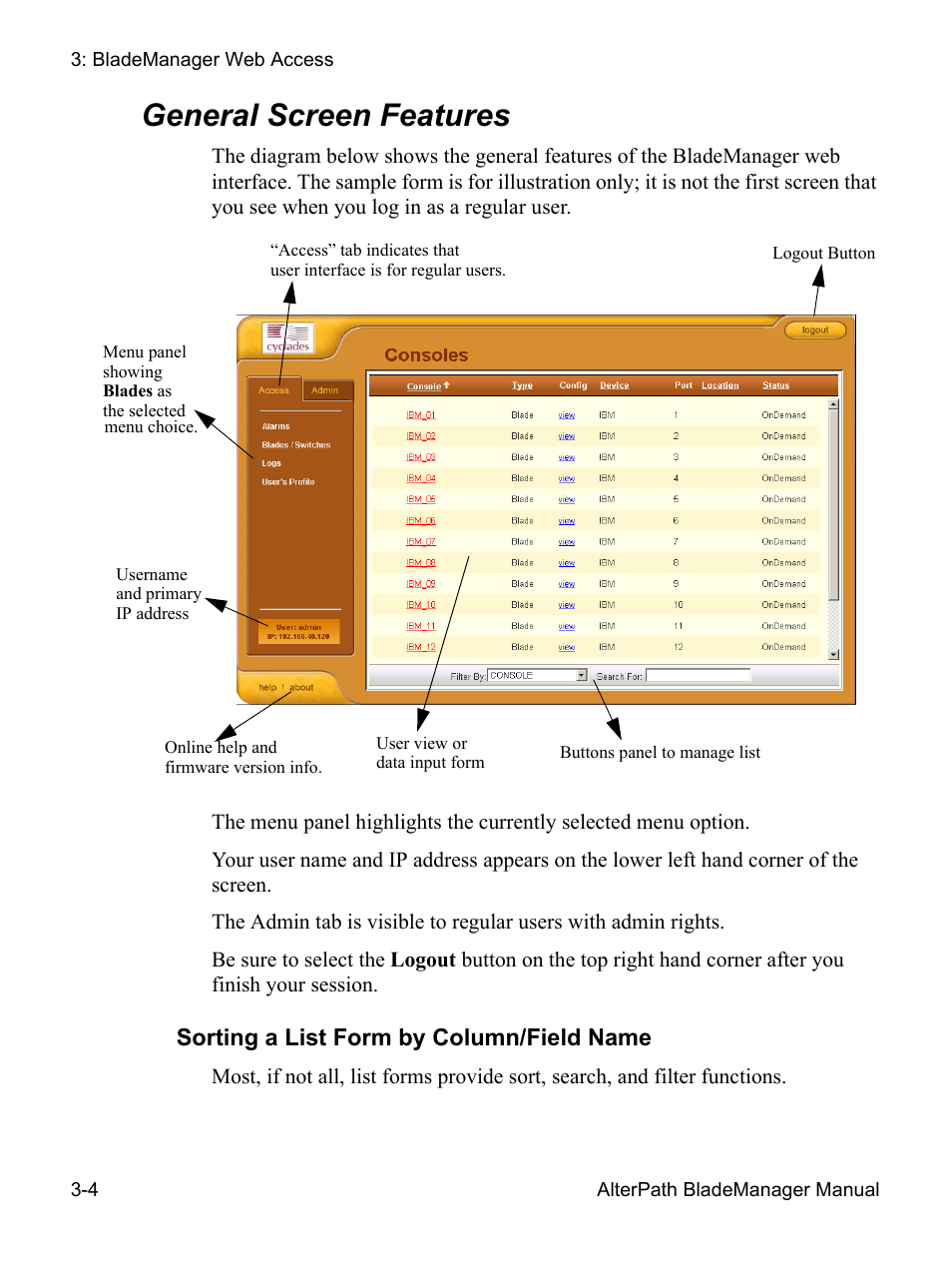 General screen features, Sorting a list form by column/field name | Cyclades AlterPath BladeManager User Manual | Page 58 / 202