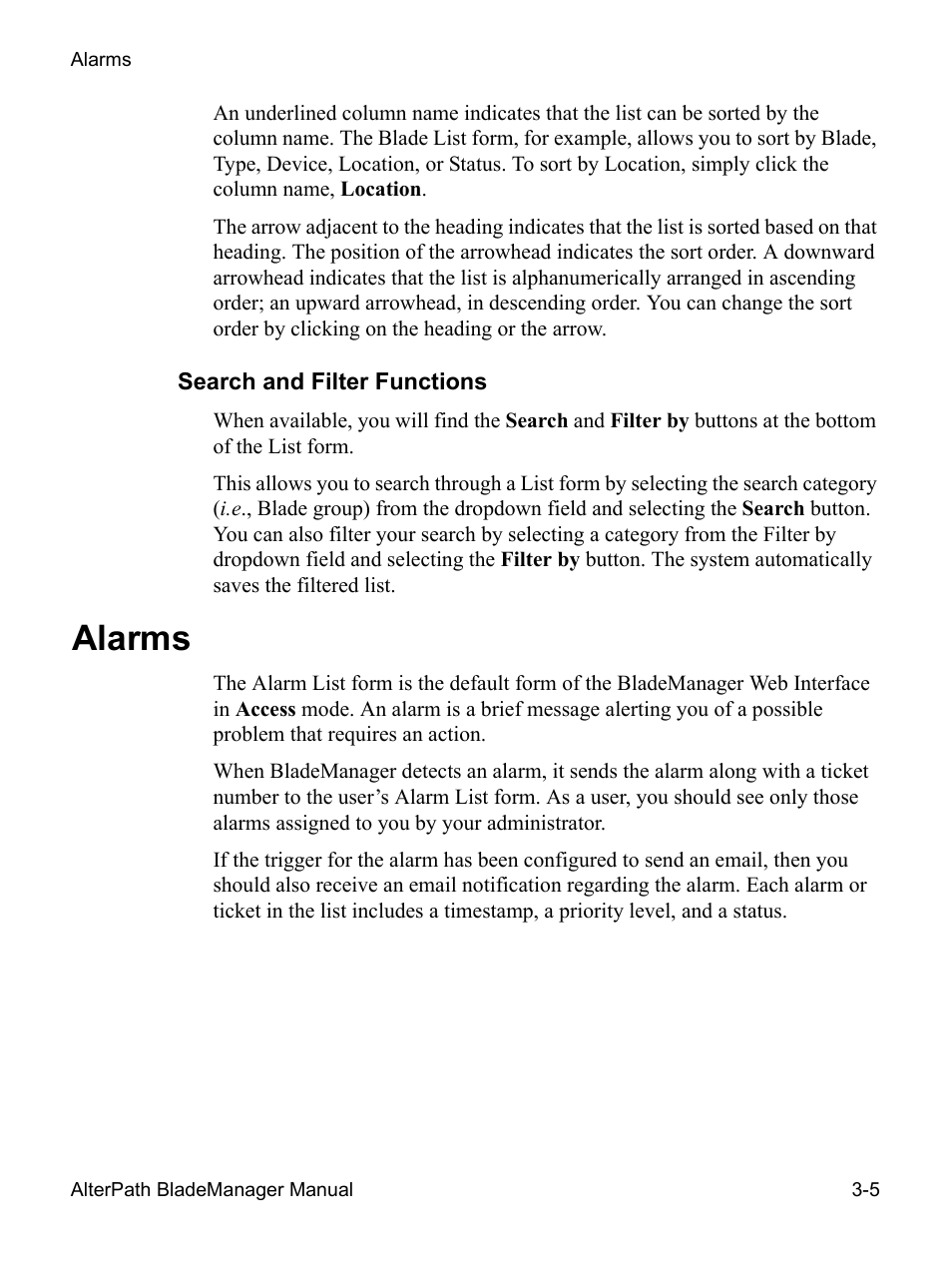 Alarms 3-5, Alarms | Cyclades AlterPath BladeManager User Manual | Page 59 / 202