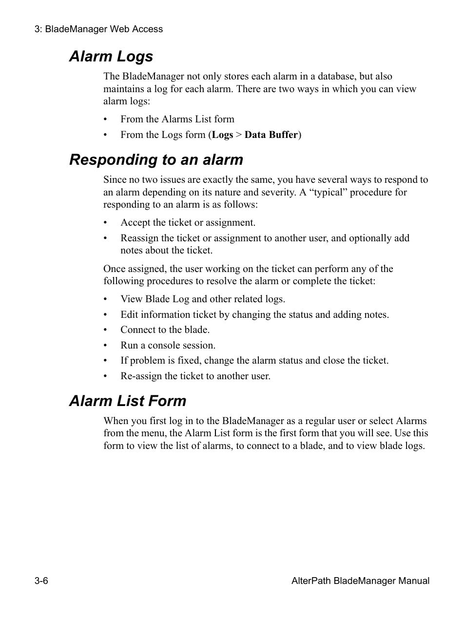 Responding to an alarm, Alarm list form, Alarm logs | Cyclades AlterPath BladeManager User Manual | Page 60 / 202