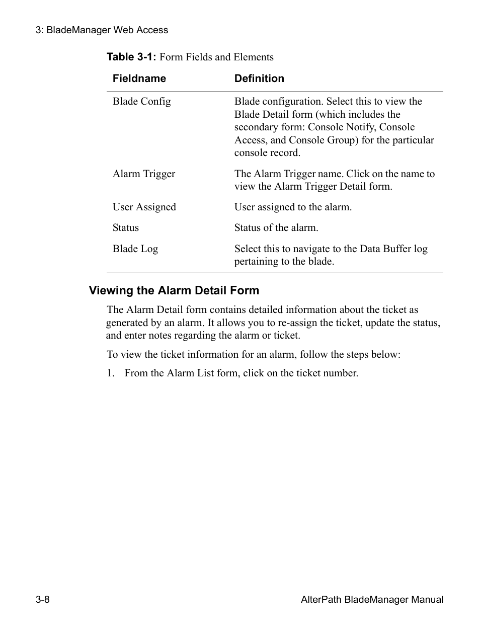 Viewing the alarm detail form | Cyclades AlterPath BladeManager User Manual | Page 62 / 202