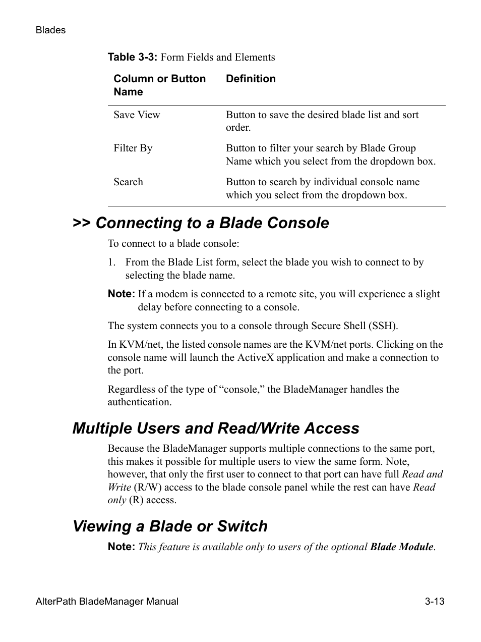 Multiple users and read/write access, Connecting to a blade console, Viewing a blade or switch | Cyclades AlterPath BladeManager User Manual | Page 67 / 202