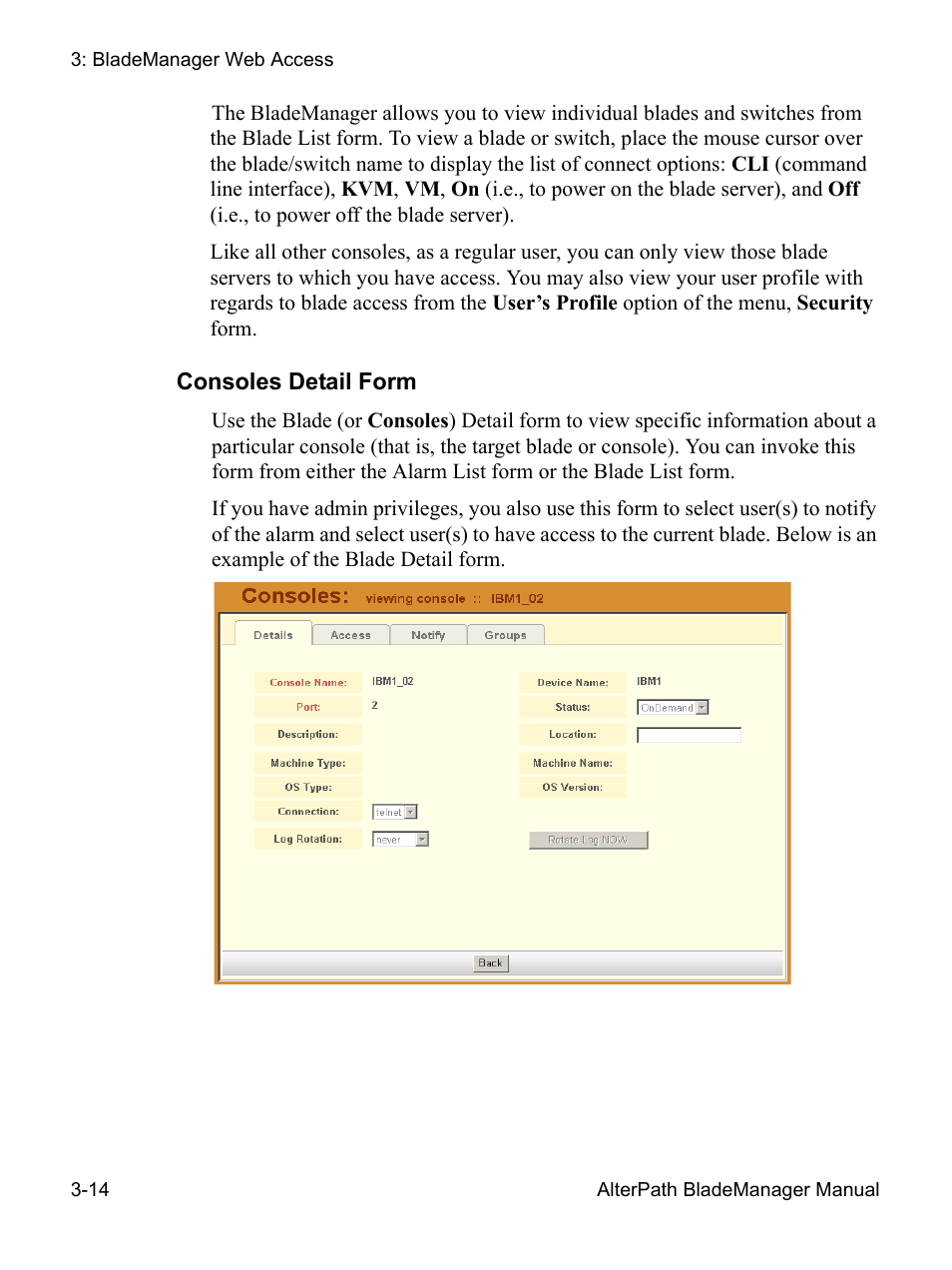 Consoles detail form | Cyclades AlterPath BladeManager User Manual | Page 68 / 202