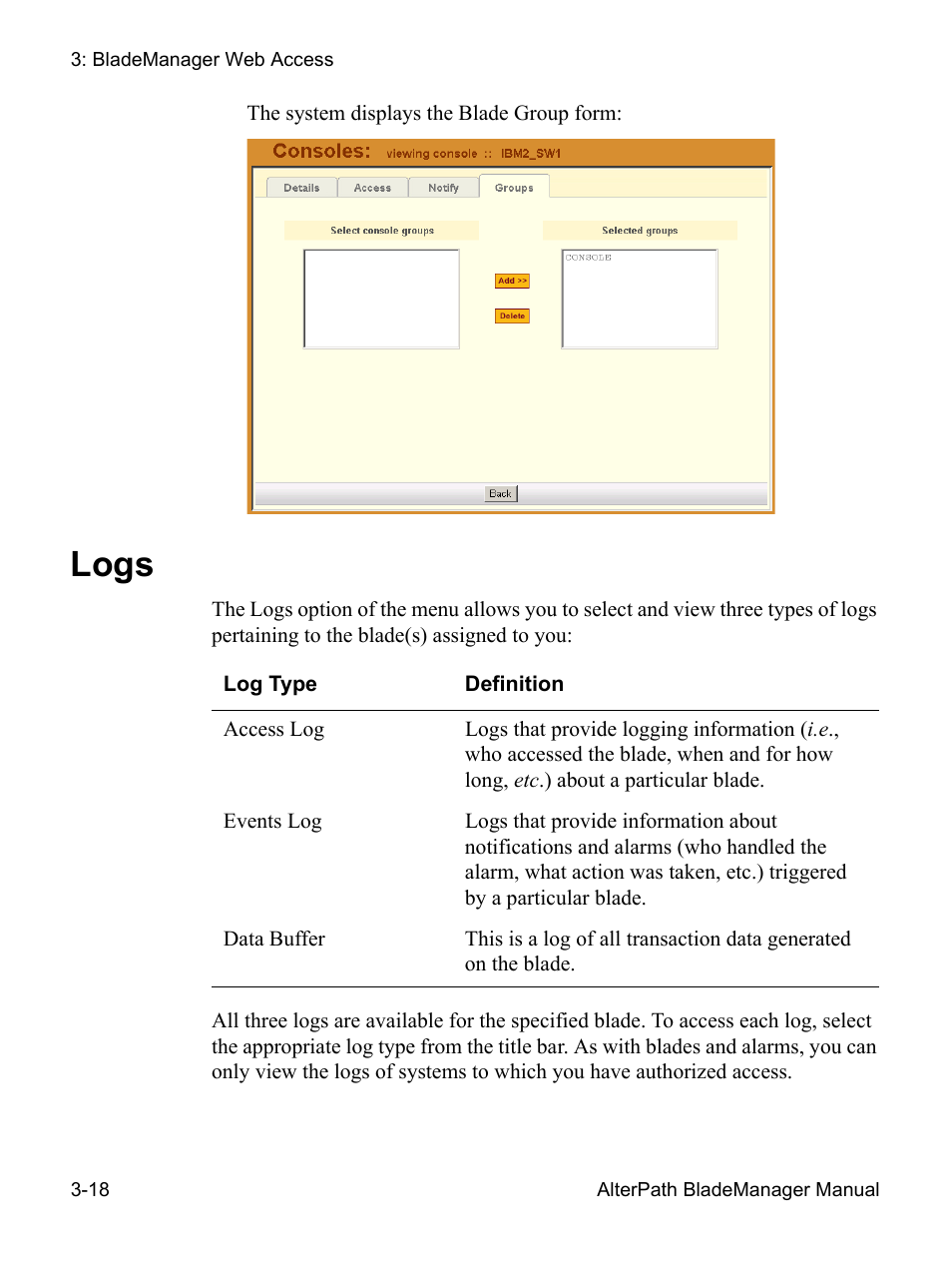 Logs 3-18, Logs | Cyclades AlterPath BladeManager User Manual | Page 72 / 202