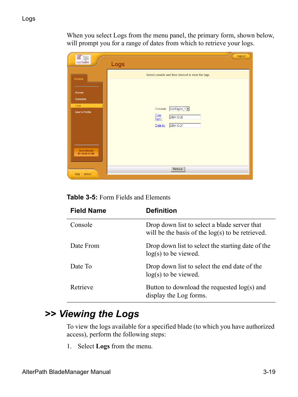Viewing the logs | Cyclades AlterPath BladeManager User Manual | Page 73 / 202
