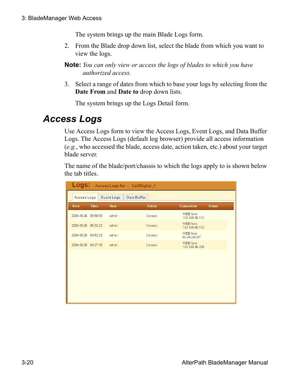 Access logs | Cyclades AlterPath BladeManager User Manual | Page 74 / 202