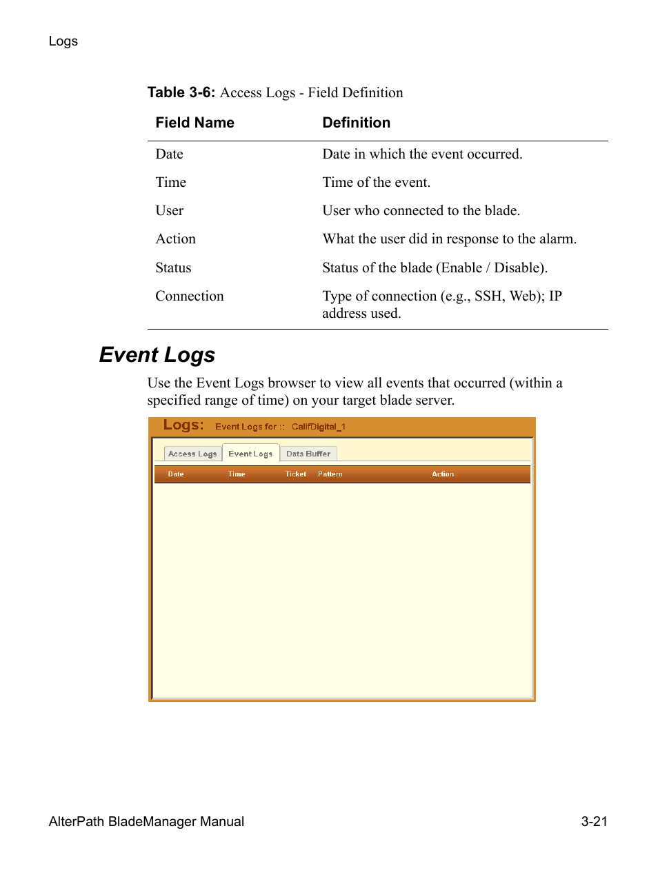Event logs | Cyclades AlterPath BladeManager User Manual | Page 75 / 202