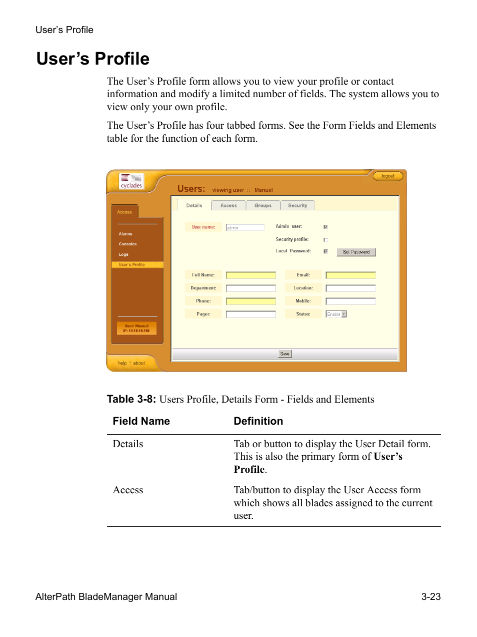 User’s profile | Cyclades AlterPath BladeManager User Manual | Page 77 / 202