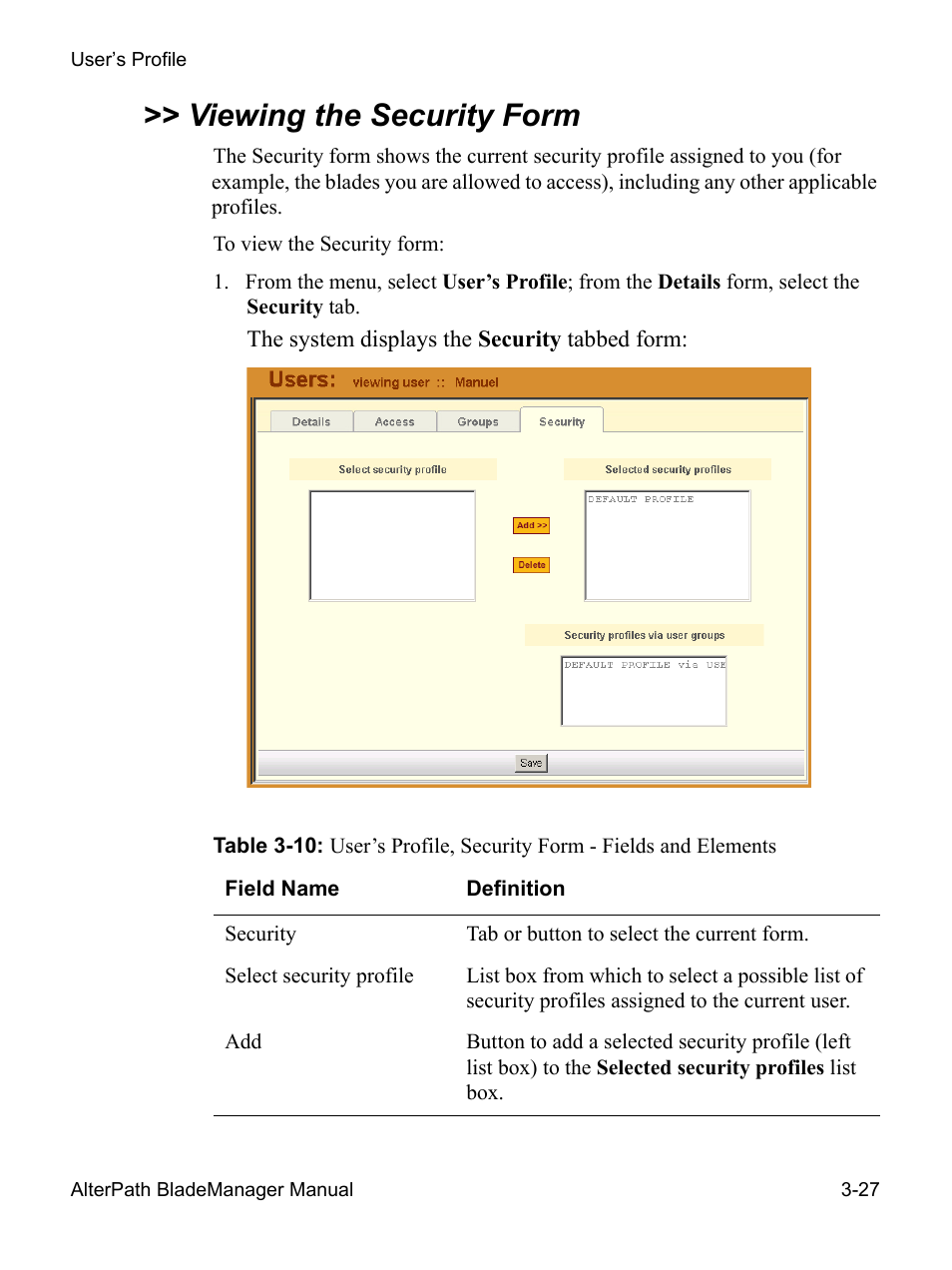 Viewing the security form | Cyclades AlterPath BladeManager User Manual | Page 81 / 202