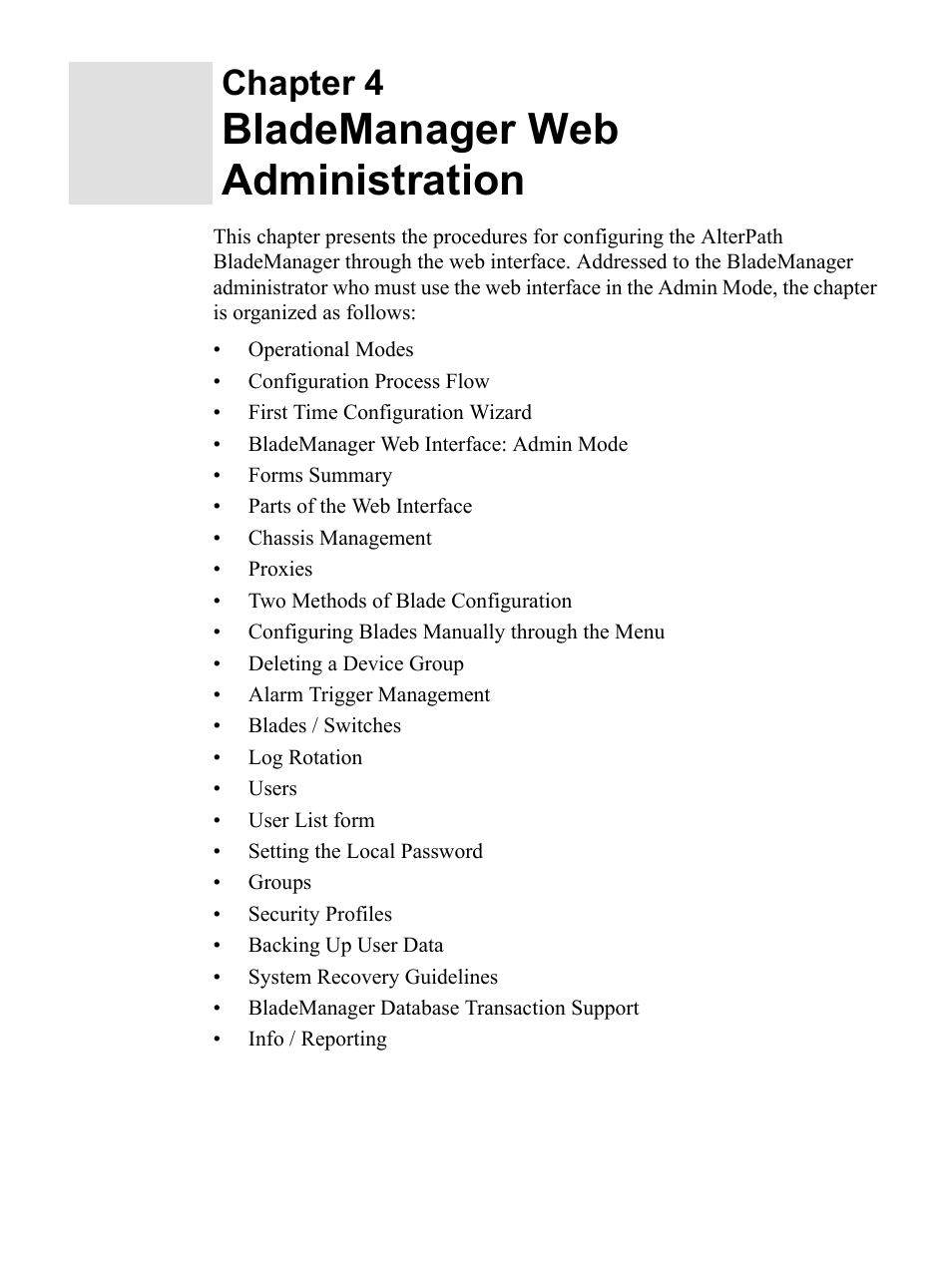 Blademanager web administration, Chapter 4 | Cyclades AlterPath BladeManager User Manual | Page 83 / 202