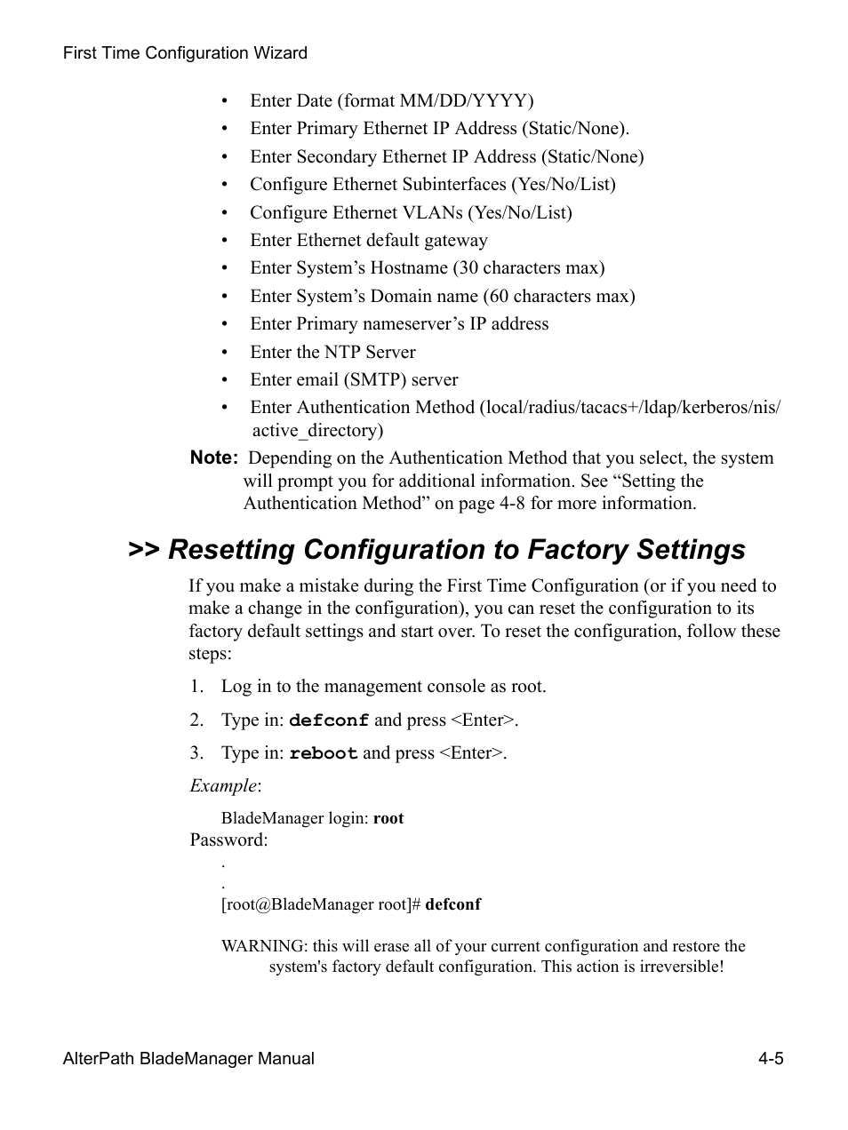 Resetting configuration to factory settings 4-5, Resetting configuration to factory settings | Cyclades AlterPath BladeManager User Manual | Page 87 / 202