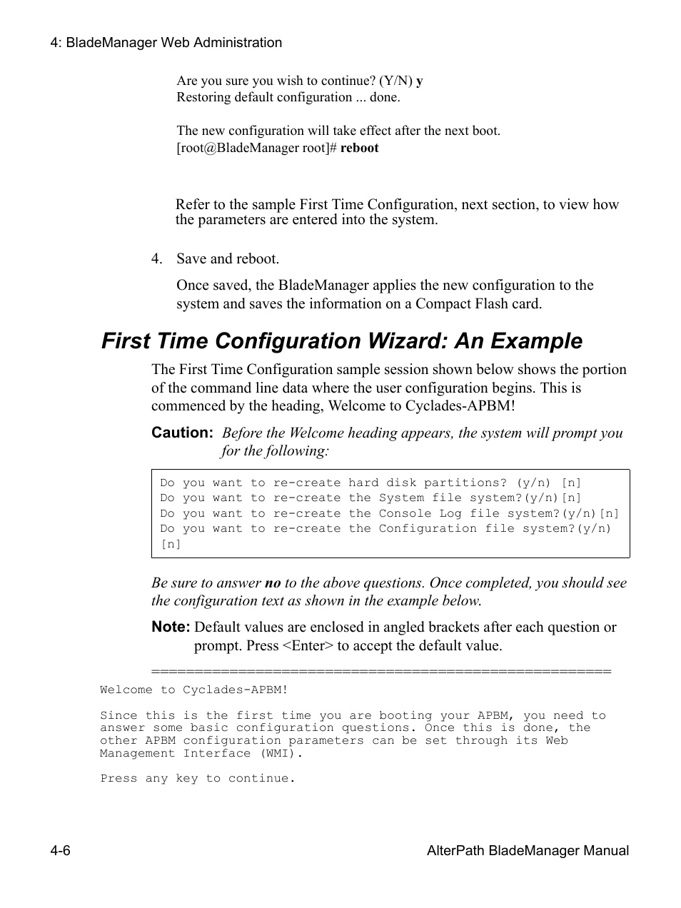 First time configuration wizard, First time configuration wizard: an example | Cyclades AlterPath BladeManager User Manual | Page 88 / 202