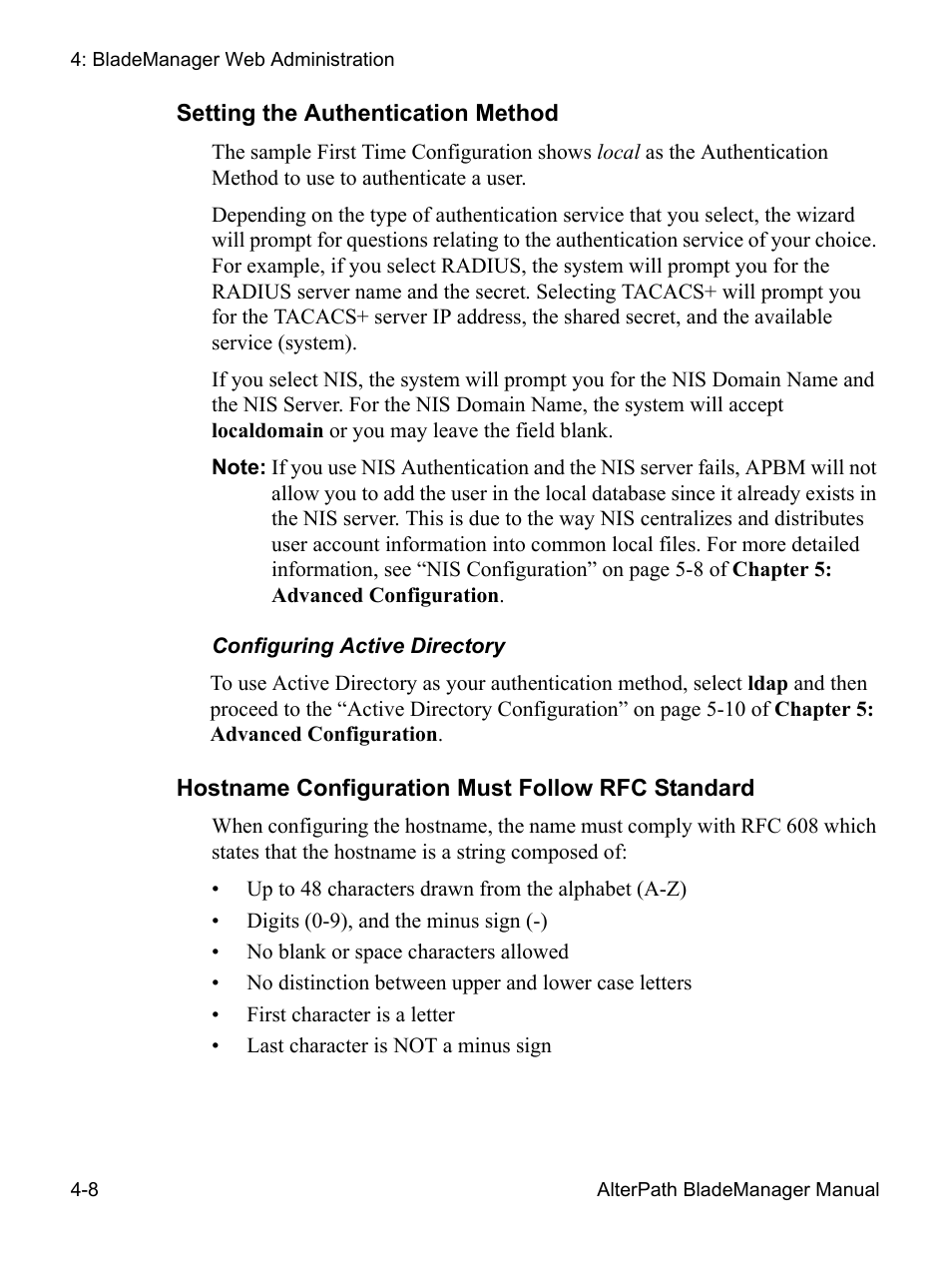 Setting the authentication method, Hostname configuration must | Cyclades AlterPath BladeManager User Manual | Page 90 / 202