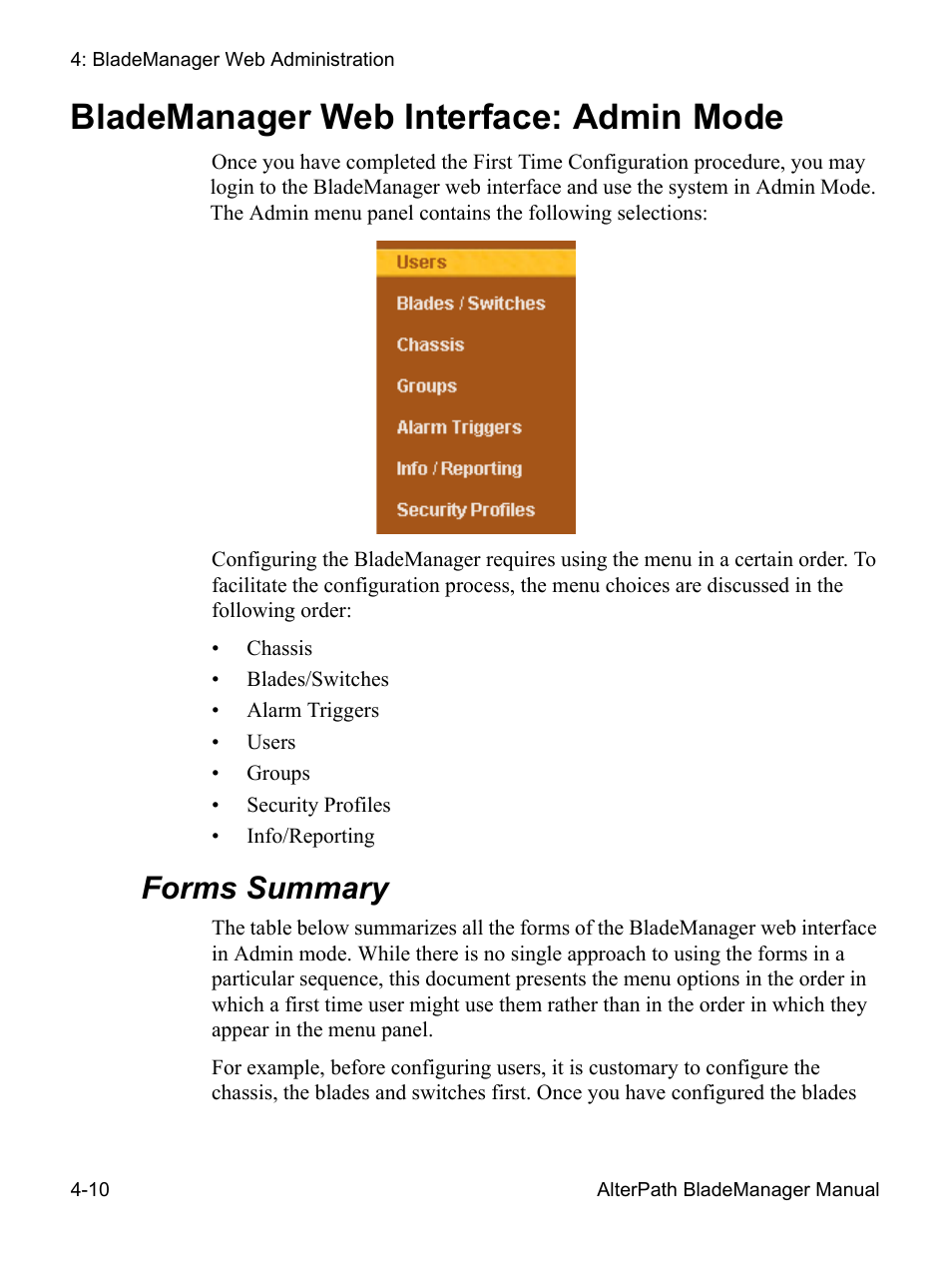 Blademanager web interface: admin mode, Forms summary | Cyclades AlterPath BladeManager User Manual | Page 92 / 202