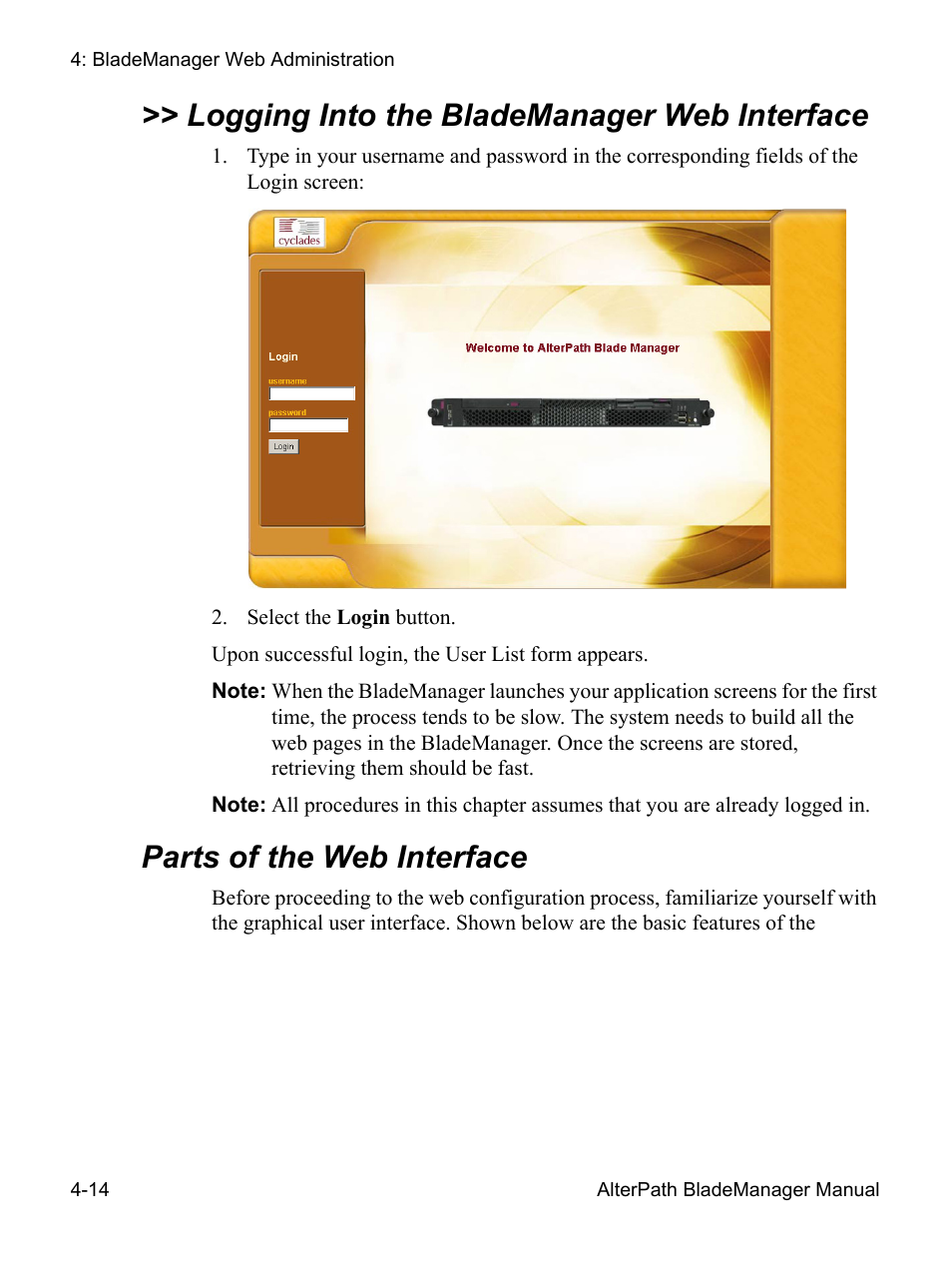 Parts of the web interface, Logging into the blademanager web interface | Cyclades AlterPath BladeManager User Manual | Page 96 / 202