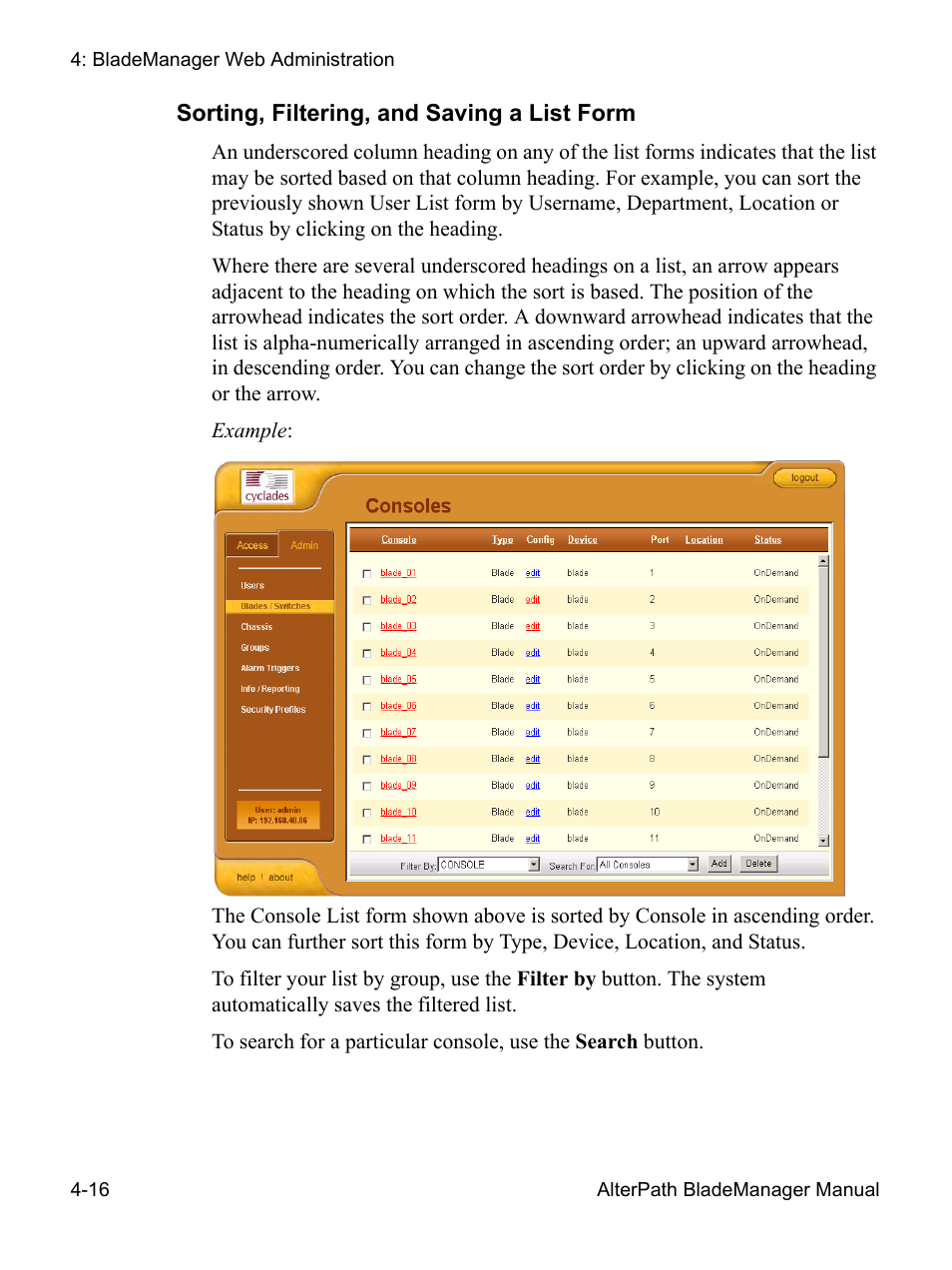 Sorting, filtering, and saving a list form 4-16 | Cyclades AlterPath BladeManager User Manual | Page 98 / 202