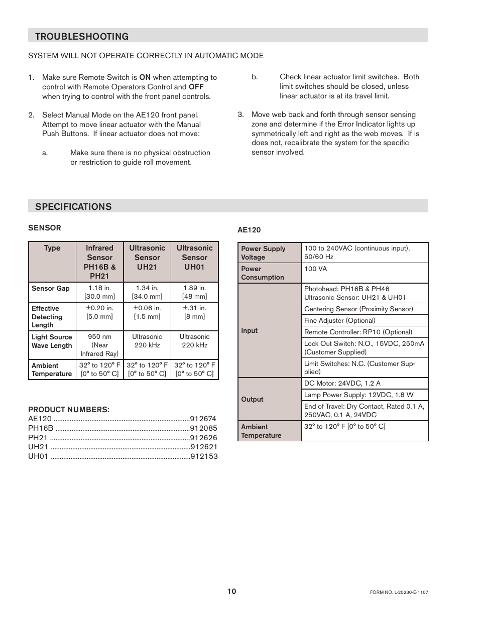 Troubleshooting, Specifications | Nexen AE120 912674 User Manual | Page 10 / 11