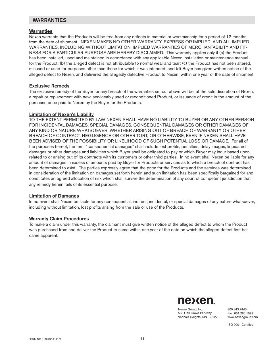 Nexen AE120 912674 User Manual | Page 11 / 11