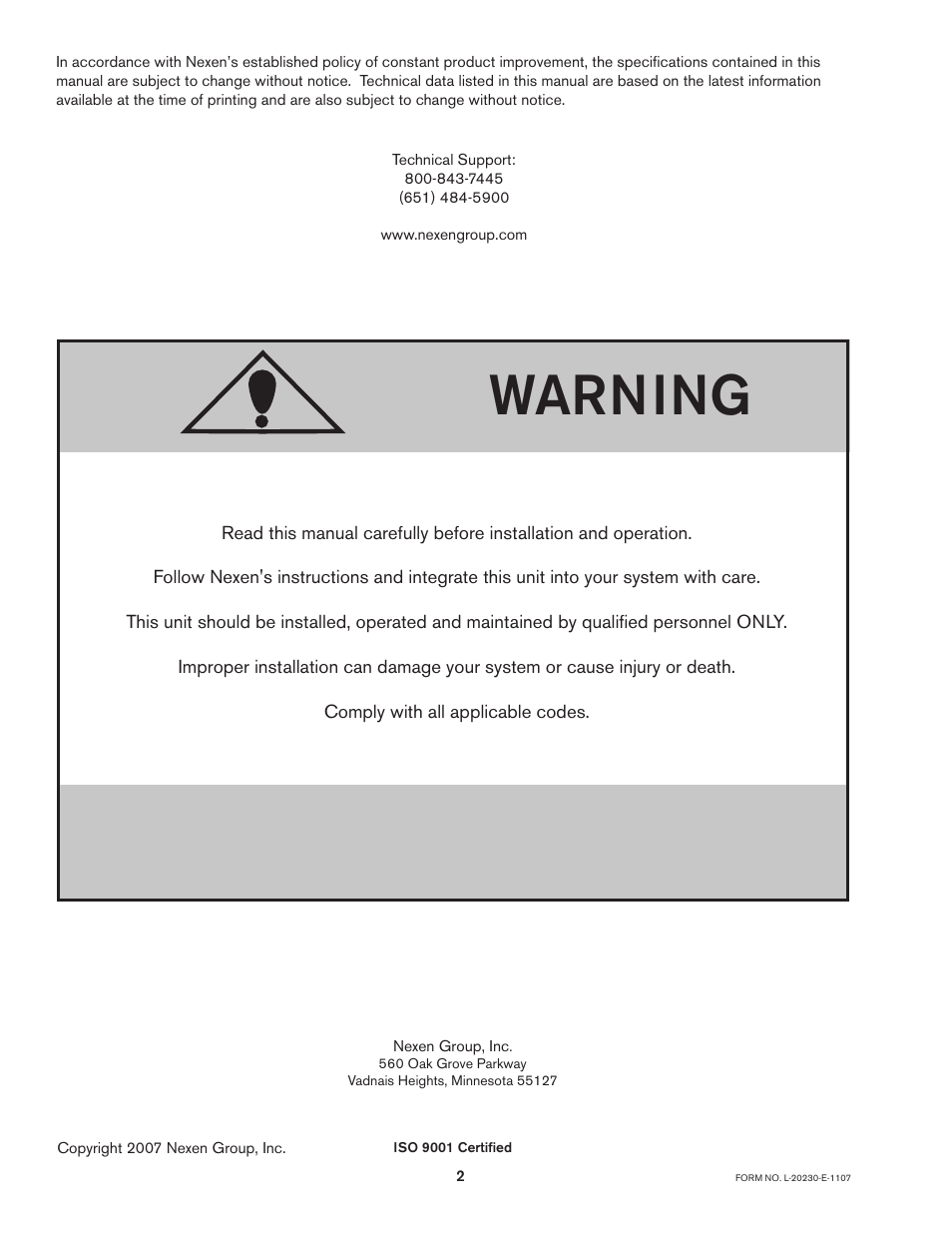 Warning | Nexen AE120 912674 User Manual | Page 2 / 11