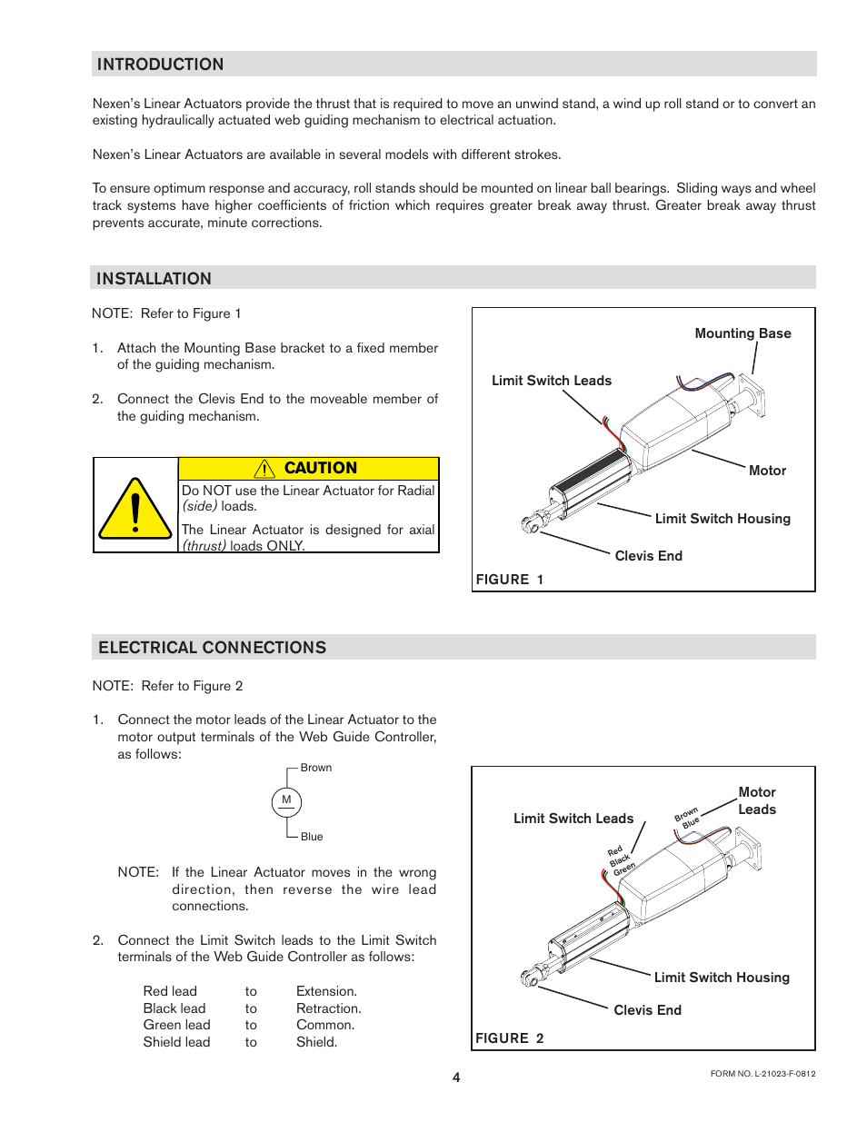 Introduction, Installation, Electrical connections | Caution | Nexen Linear Actuator 912732 User Manual | Page 4 / 9