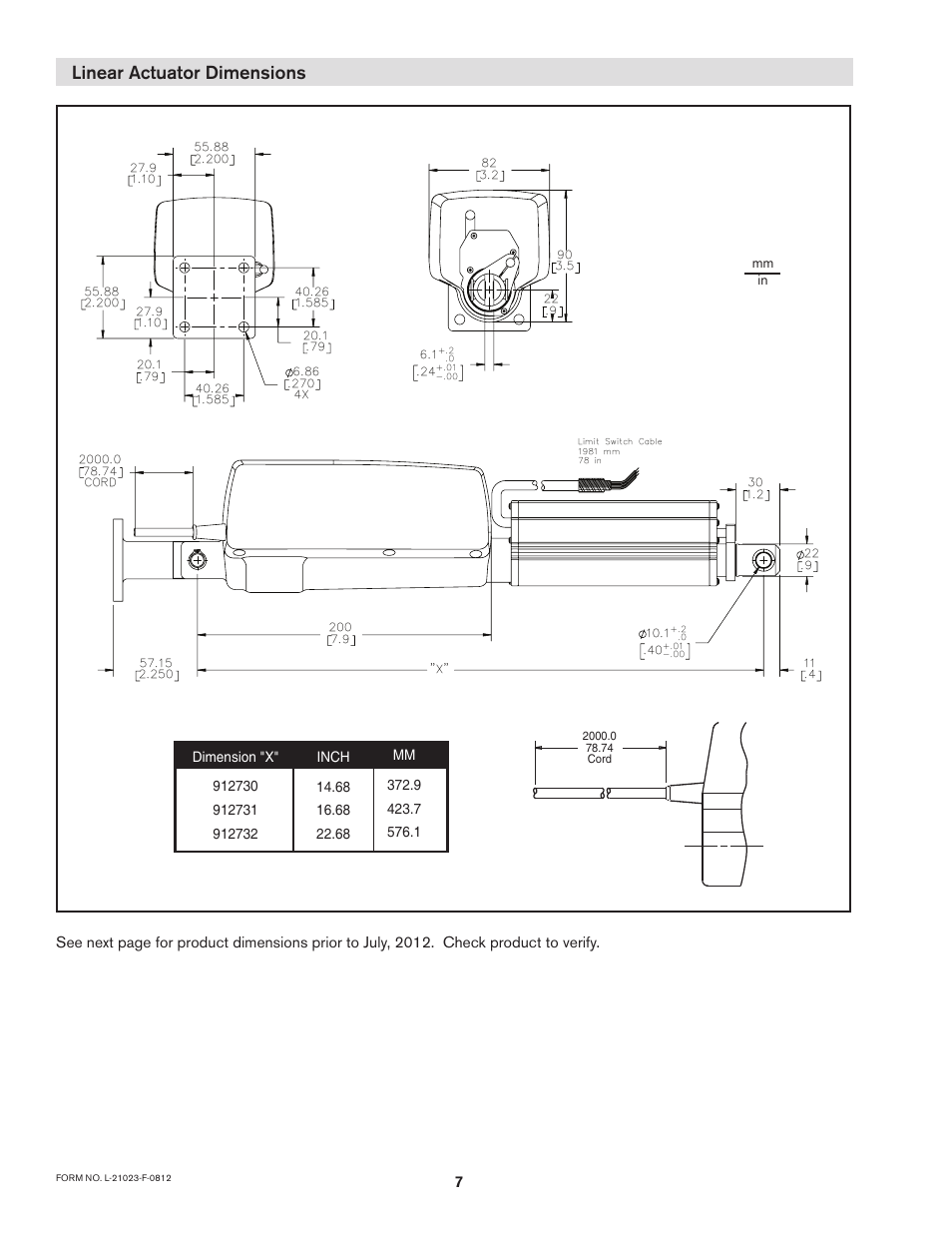 Linear actuator dimensions | Nexen Linear Actuator 912732 User Manual | Page 7 / 9