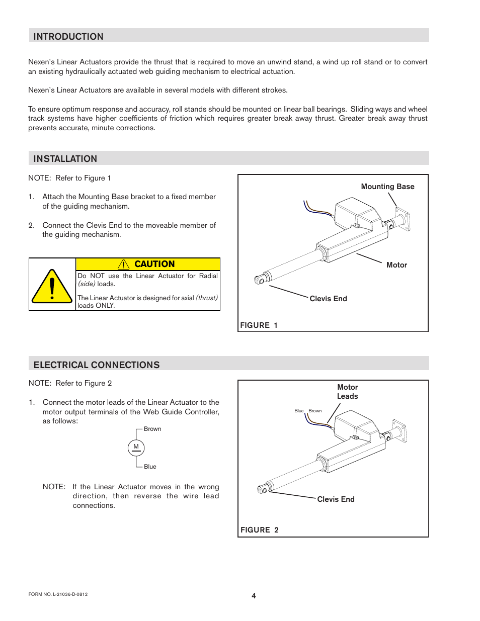 Introduction, Installation, Electrical connections | Caution | Nexen Linear Actuator 912734 User Manual | Page 4 / 8