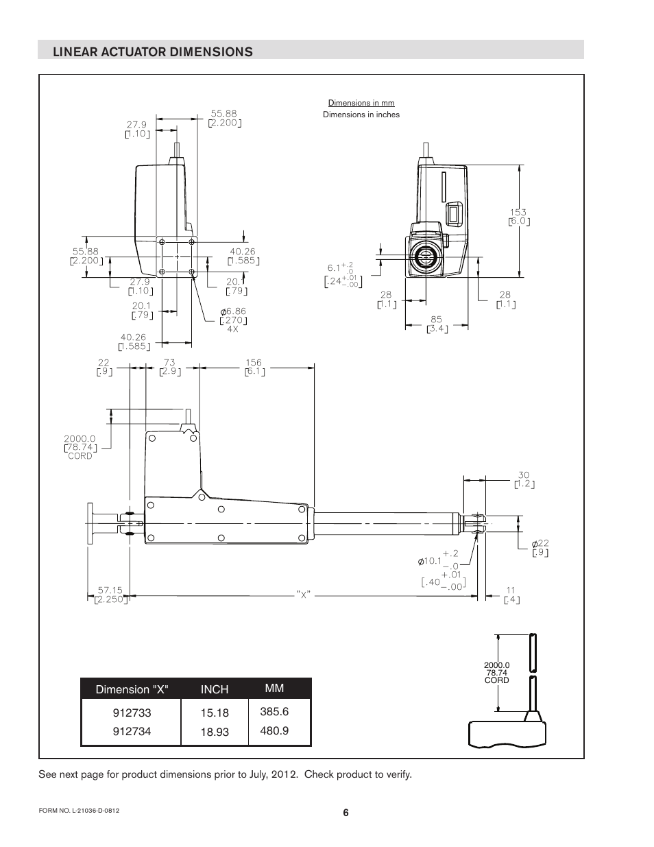 Linear actuator dimensions | Nexen Linear Actuator 912734 User Manual | Page 6 / 8