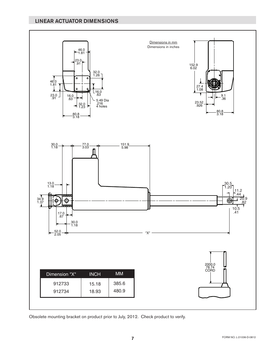 Linear actuator dimensions | Nexen Linear Actuator 912734 User Manual | Page 7 / 8