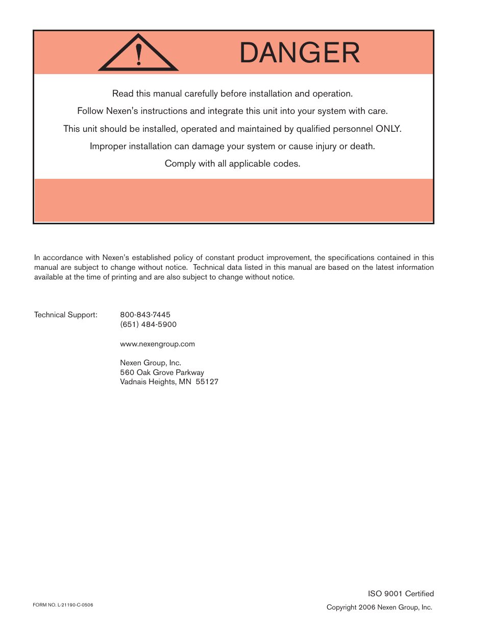 Danger | Nexen CSB-50F 960723 User Manual | Page 2 / 6