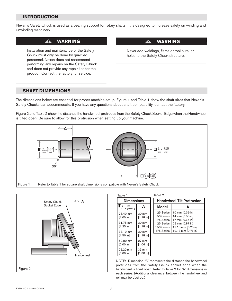 Introduction shaft dimensions, Warning | Nexen CSB-50F 960723 User Manual | Page 3 / 6