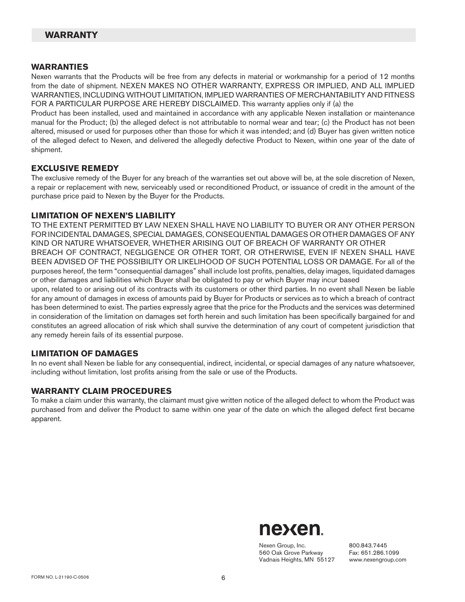 Nexen CSB-50F 960723 User Manual | Page 6 / 6