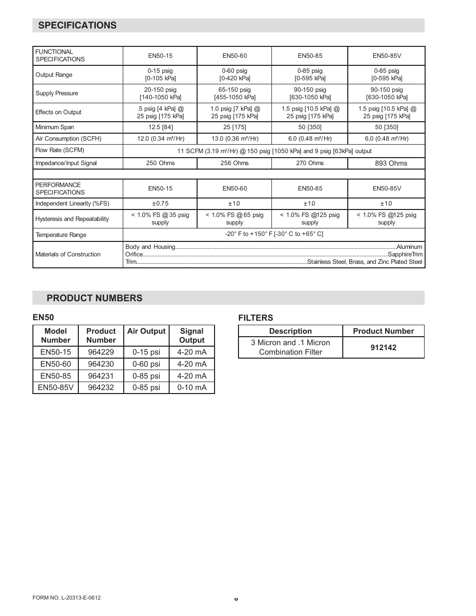 Specifications product numbers, En50 filters | Nexen EN50-85V 964232 User Manual | Page 8 / 9