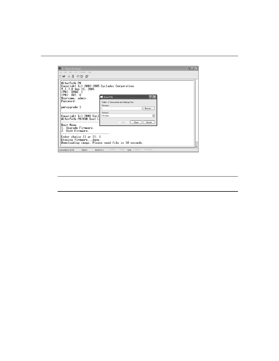 Figure 3.1: sending firmware using hyperterminal | Cyclades PM IPDU User Manual | Page 40 / 102