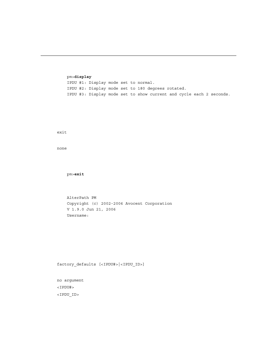 Exit, Factory_defaults | Cyclades PM IPDU User Manual | Page 53 / 102